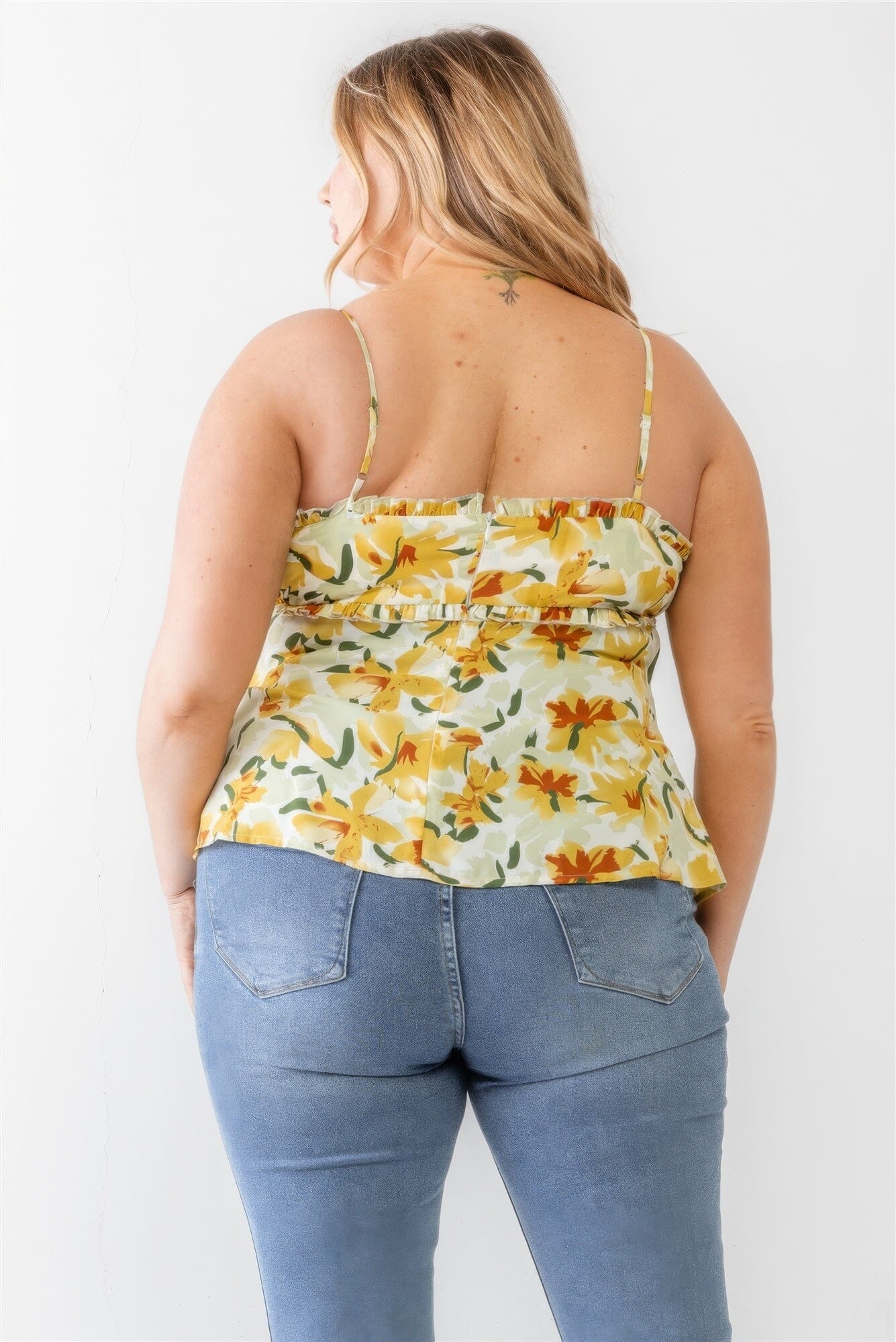 Plus Size Sage Yellow Floral Print Woven Ruffle Sleeveless Back Zipper Tank Top Shirts & Tops jehouze 