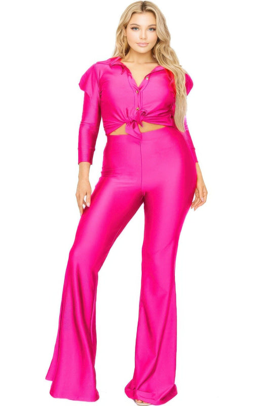 Plus Size Satin 3/4 Sleeve Wide Leg 2 Piece Set Outfit Sets jehouze Fuchsia 1XL 