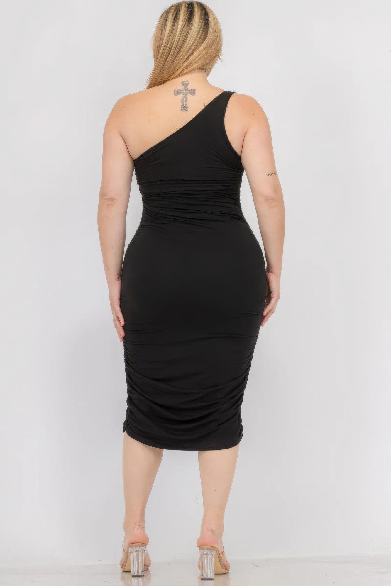 Plus Size Sexy Solid Color Ruched One Shoulder Midi Bodycon Dress Dresses jehouze 