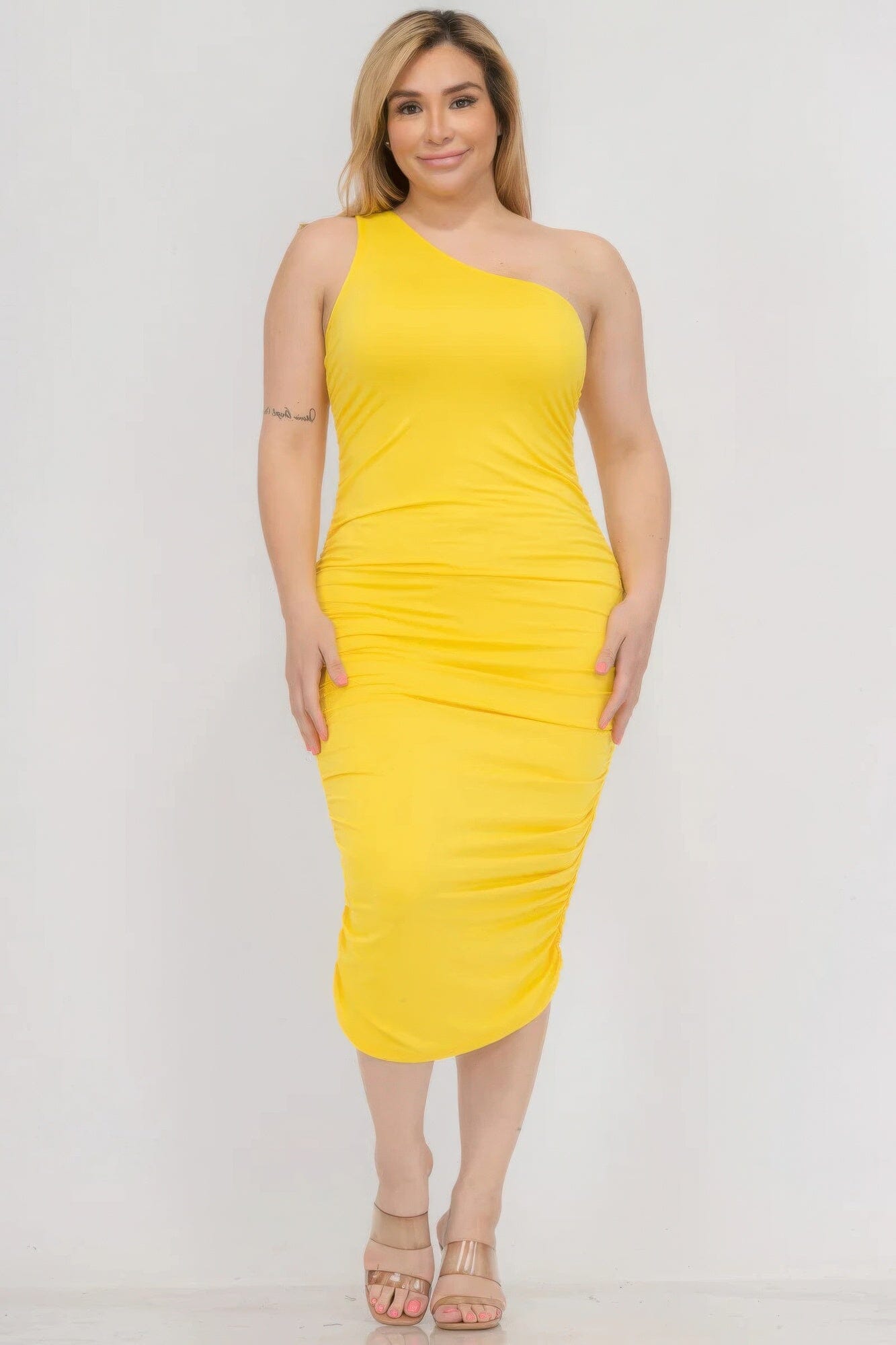 Plus Size Sexy Solid Color Ruched One Shoulder Midi Bodycon Dress Dresses jehouze 