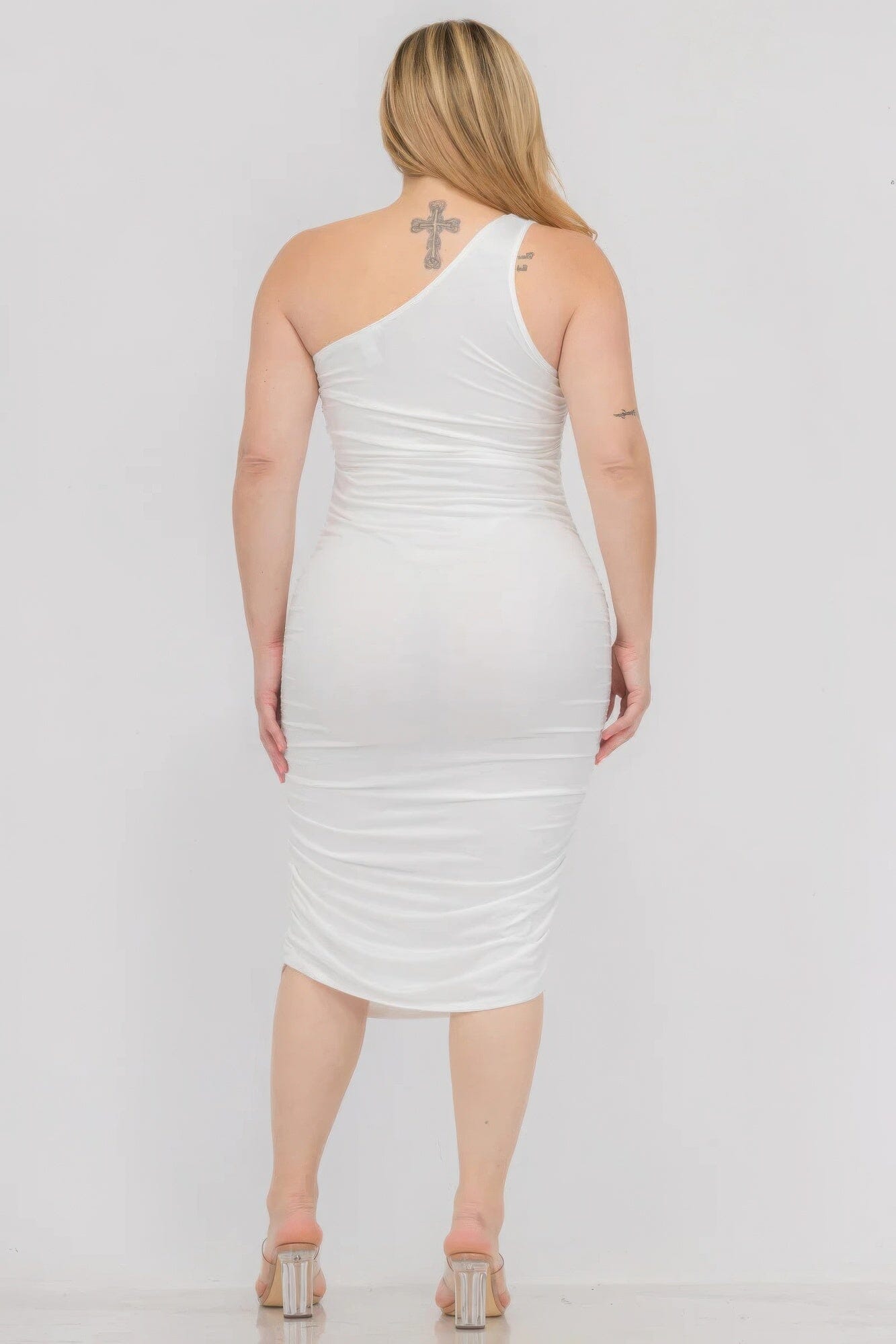 Plus Size Sexy Solid Color Ruched One Shoulder Midi Bodycon Dress Dresses jehouze 