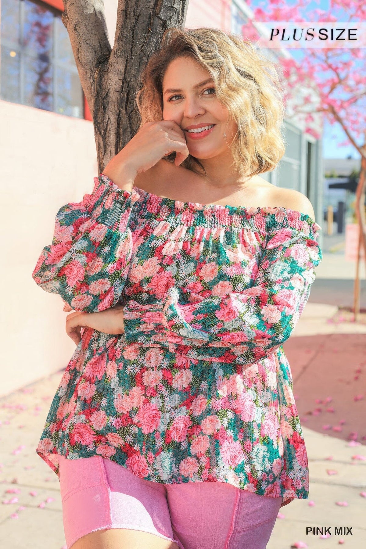 Plus Size Sheer Floral Print Metallic Threading Long Sleeve Off Shoulder Top With High Low Hem Shirts & Tops jehouze 