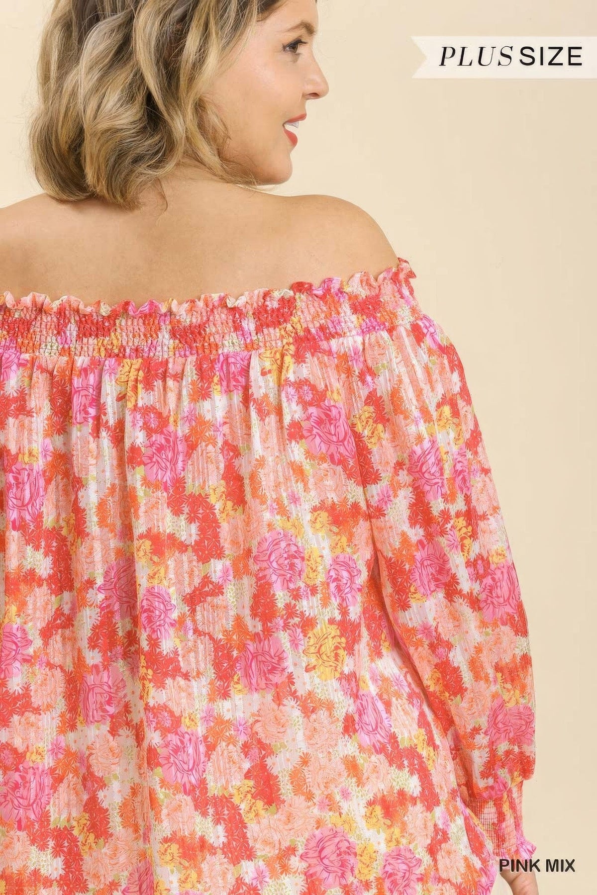 Plus Size Sheer Floral Print Metallic Threading Long Sleeve Off Shoulder Top With High Low Hem Shirts & Tops jehouze 