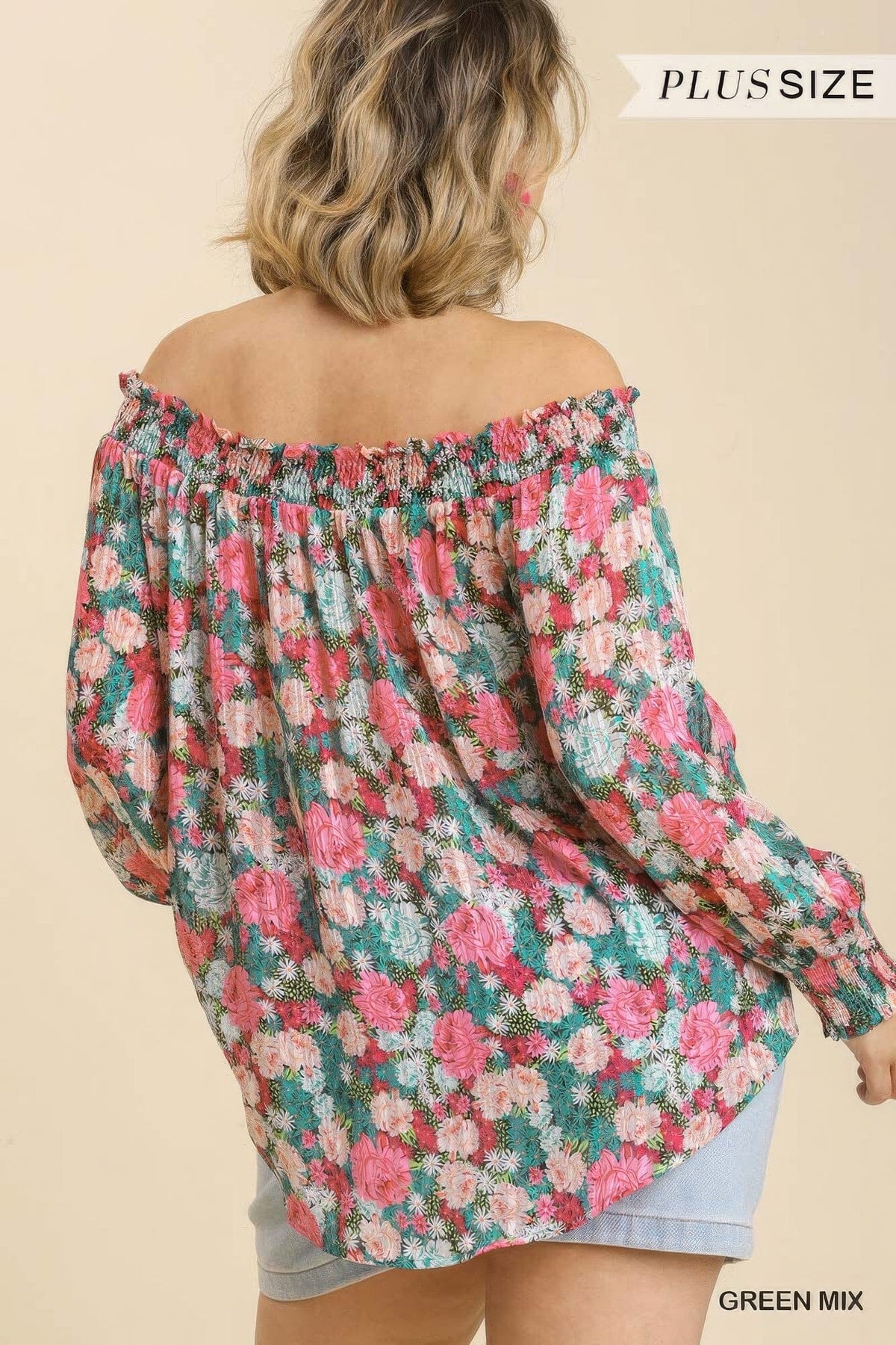 Plus Size Sheer Floral Print Metallic Threading Long Sleeve Off Shoulder Top With High Low Hem Shirts & Tops jehouze 