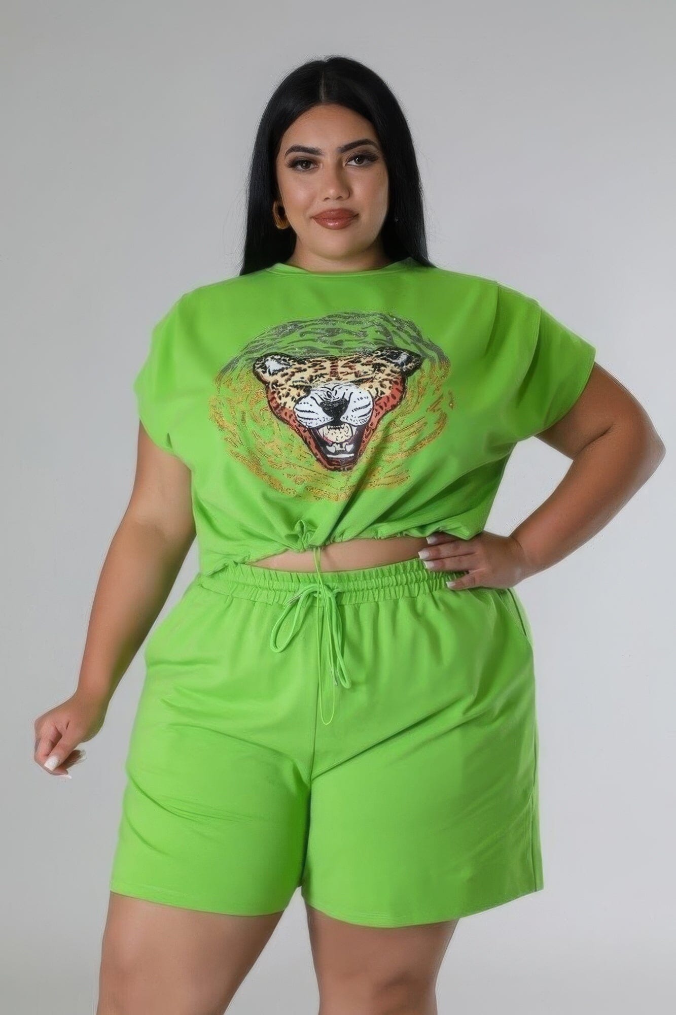 Plus Size Short Sleeve crop top and Stretch Short Set Outfit Sets jehouze Green 1XL 