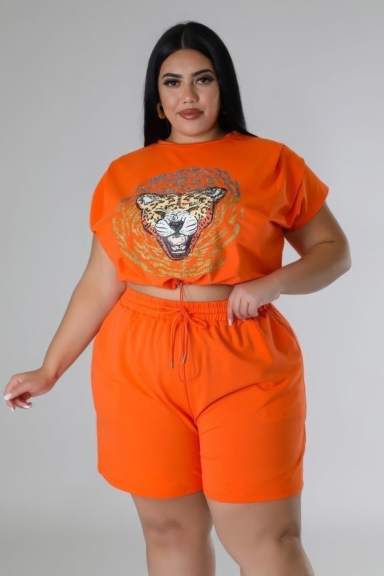 Plus Size Short Sleeve crop top and Stretch Short Set Outfit Sets jehouze Orange 1XL 