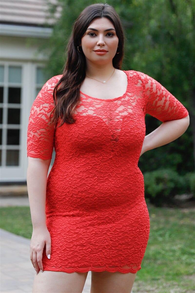 Plus Size Short Sleeve Lace Mini Dress Dresses jehouze Coral 3XL 