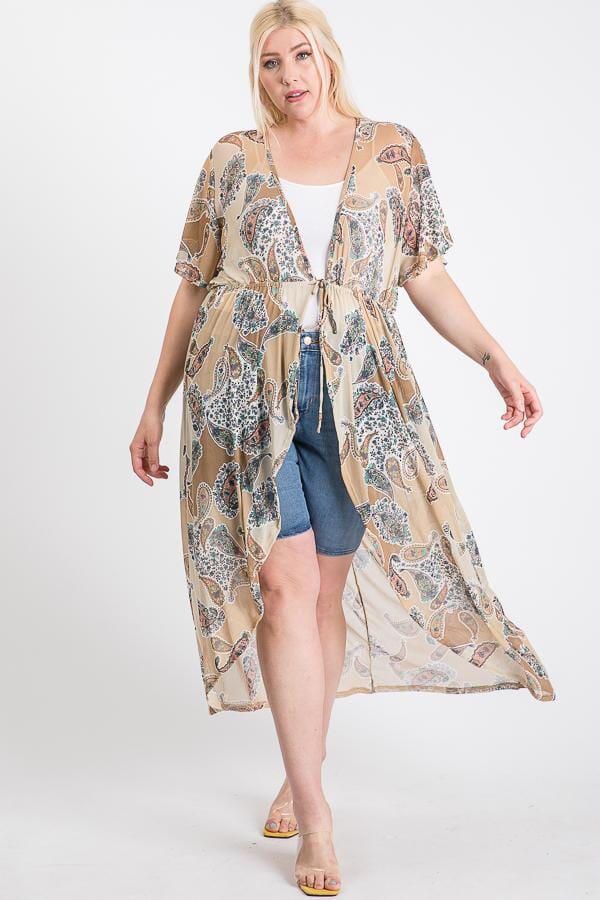 Plus Size Short Sleeves Long-line Printed Mesh Open Cardigan Outerwear jehouze 