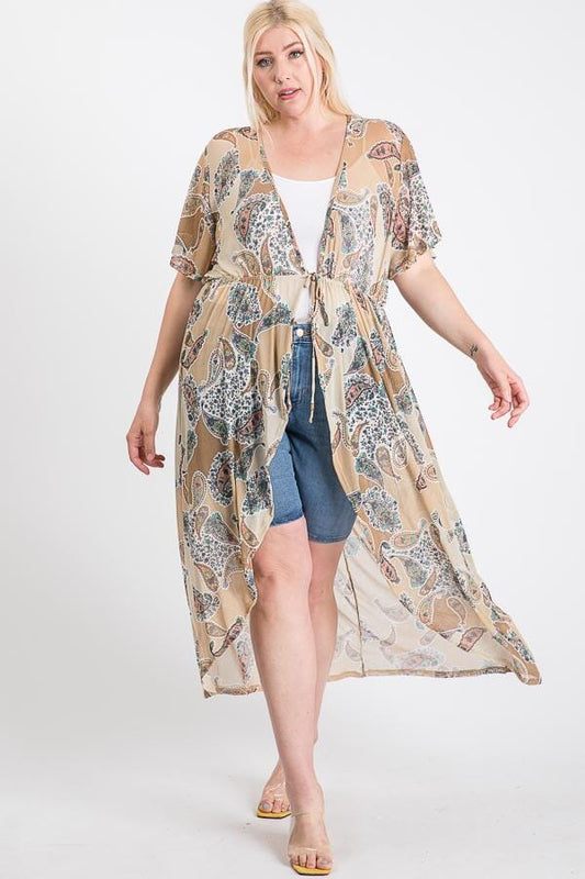 Plus Size Short Sleeves Long-line Printed Mesh Open Cardigan Outerwear jehouze 