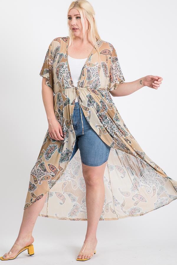 Plus Size Short Sleeves Long-line Printed Mesh Open Cardigan Outerwear jehouze 
