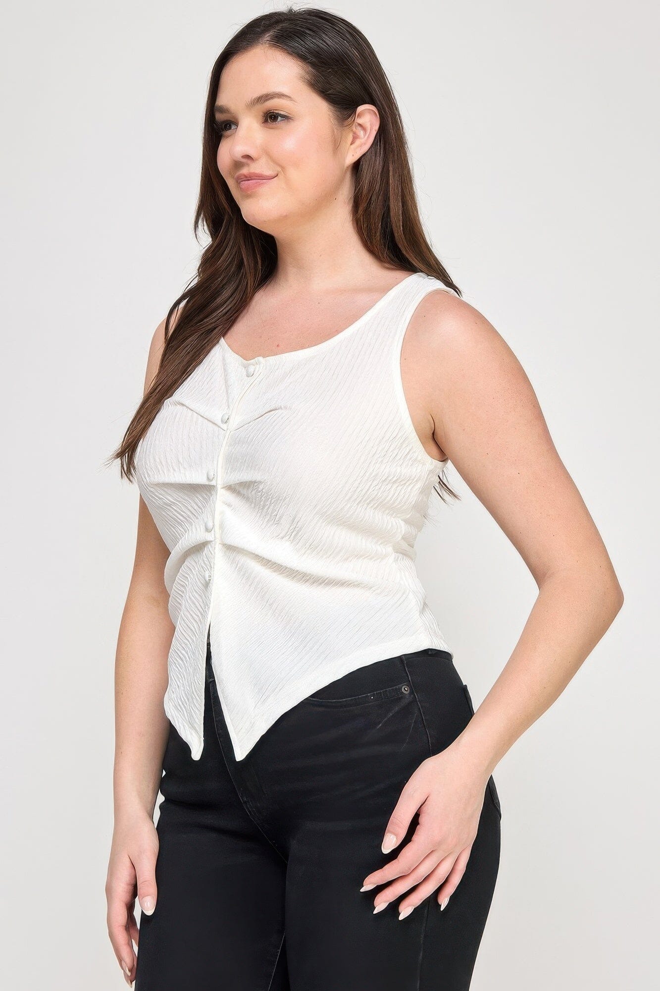 Plus Size Sleeveless Crinkle Knit Faux Button Down Top Shirts & Tops jehouze 