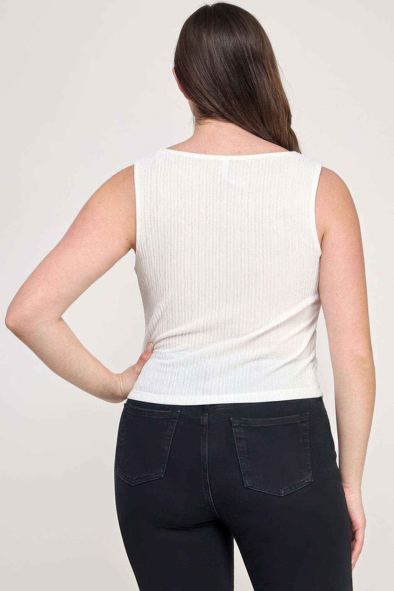 Plus Size Sleeveless Crinkle Knit Faux Button Down Top Shirts & Tops jehouze 