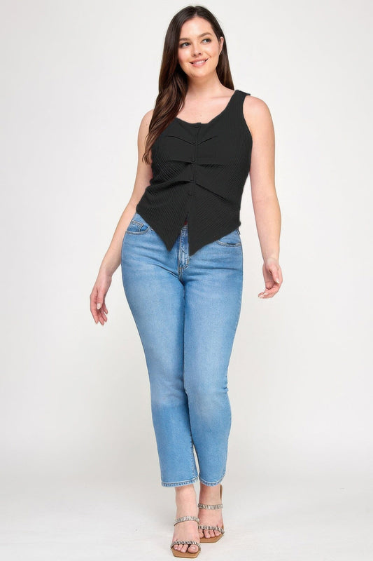 Plus Size Sleeveless Crinkle Knit Faux Button Down Top Shirts & Tops jehouze Black 1XL 