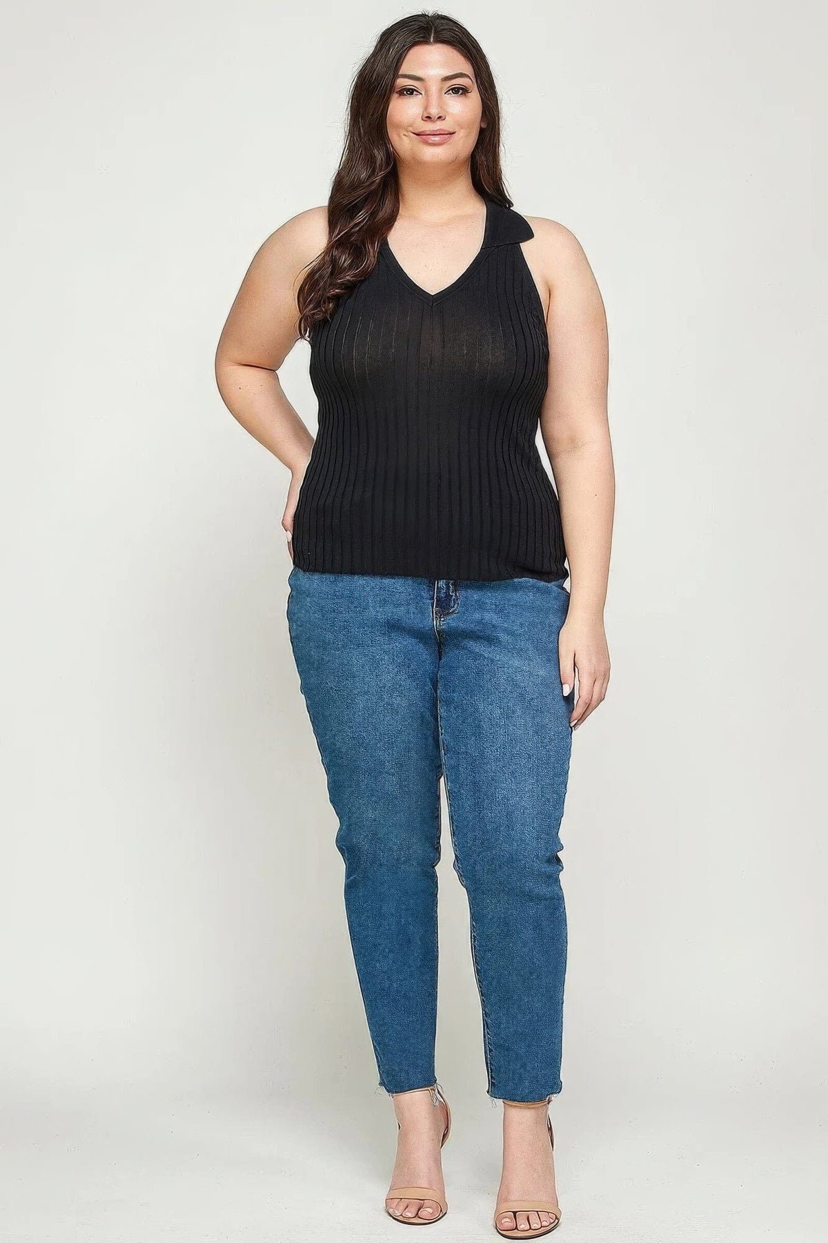 Plus Size Solid Ribbed Knit Polo Sleeveless Top Shirts & Tops jehouze 1XL 