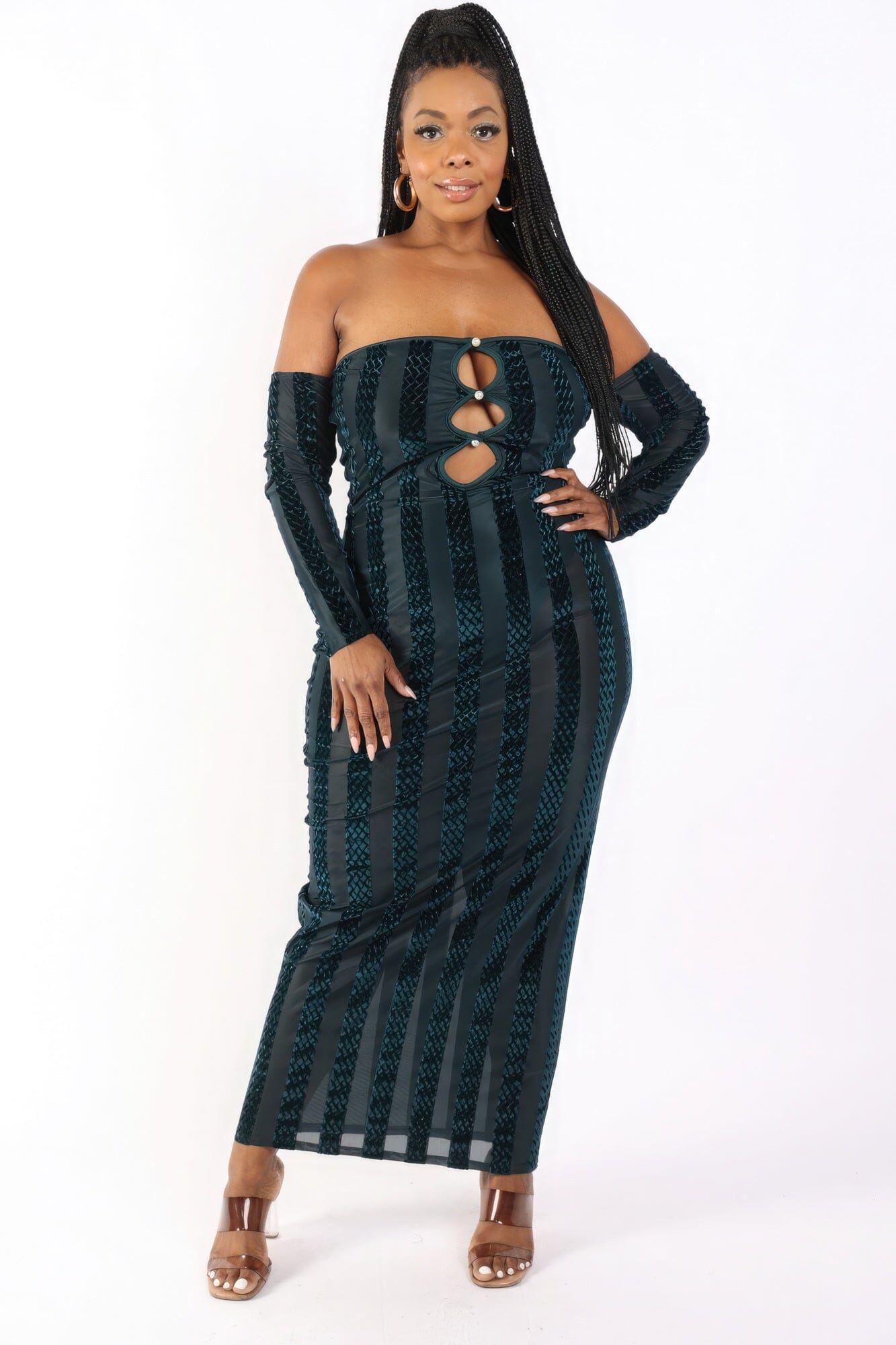 Plus Size Striped Velvet Off Shoulder Maxi Dress Dresses jehouze 1XL 