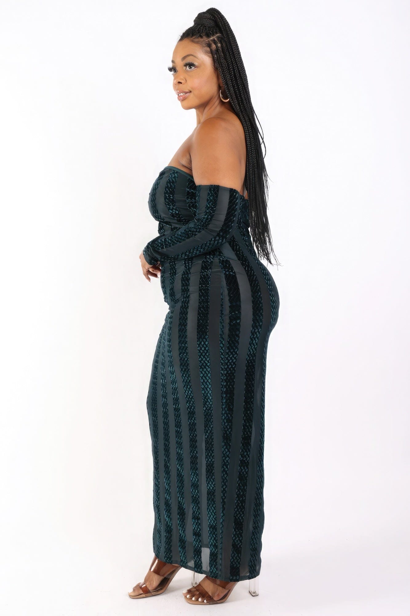 Plus Size Striped Velvet Off Shoulder Maxi Dress Dresses jehouze 