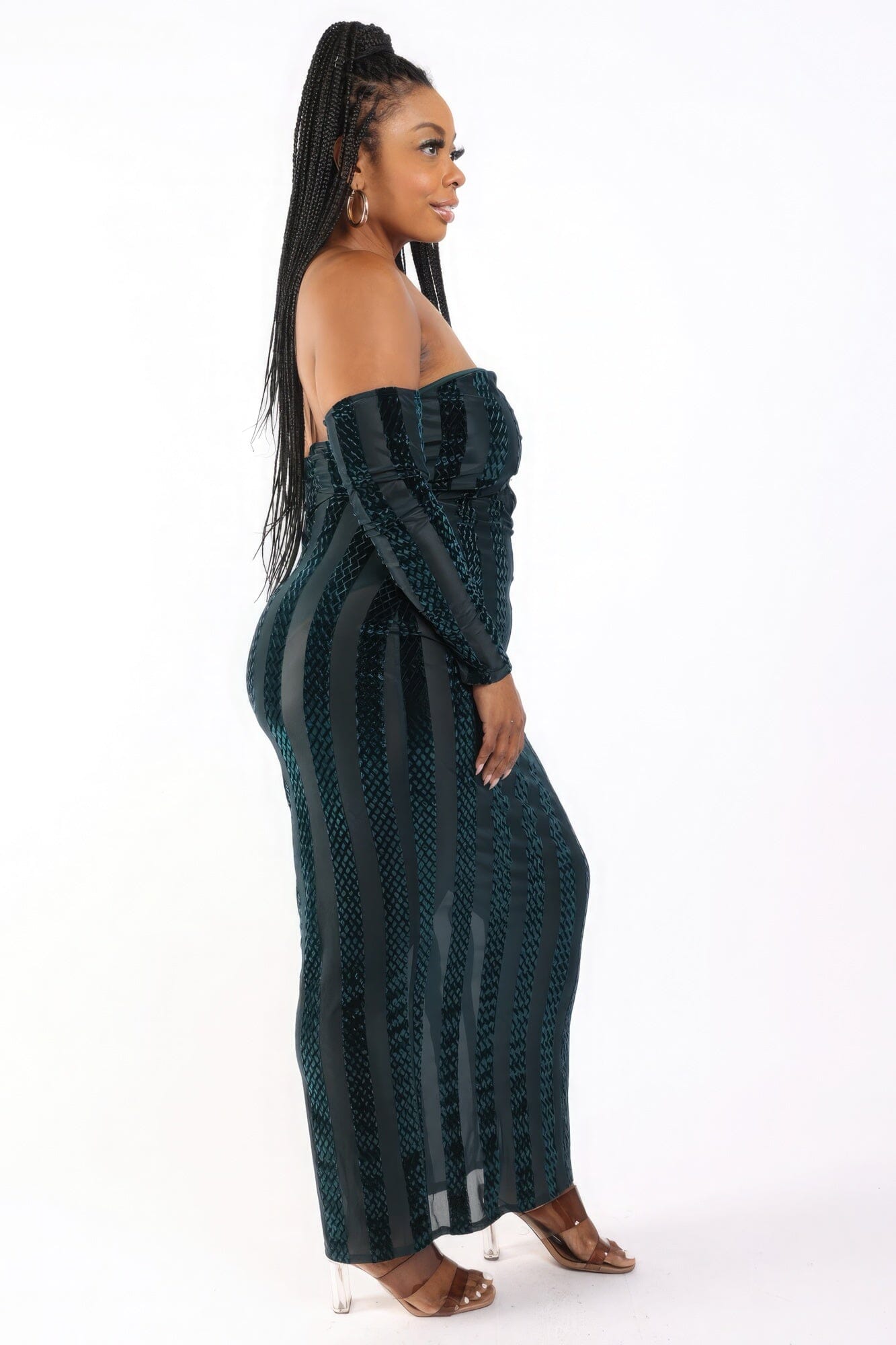 Plus Size Striped Velvet Off Shoulder Maxi Dress Dresses jehouze 