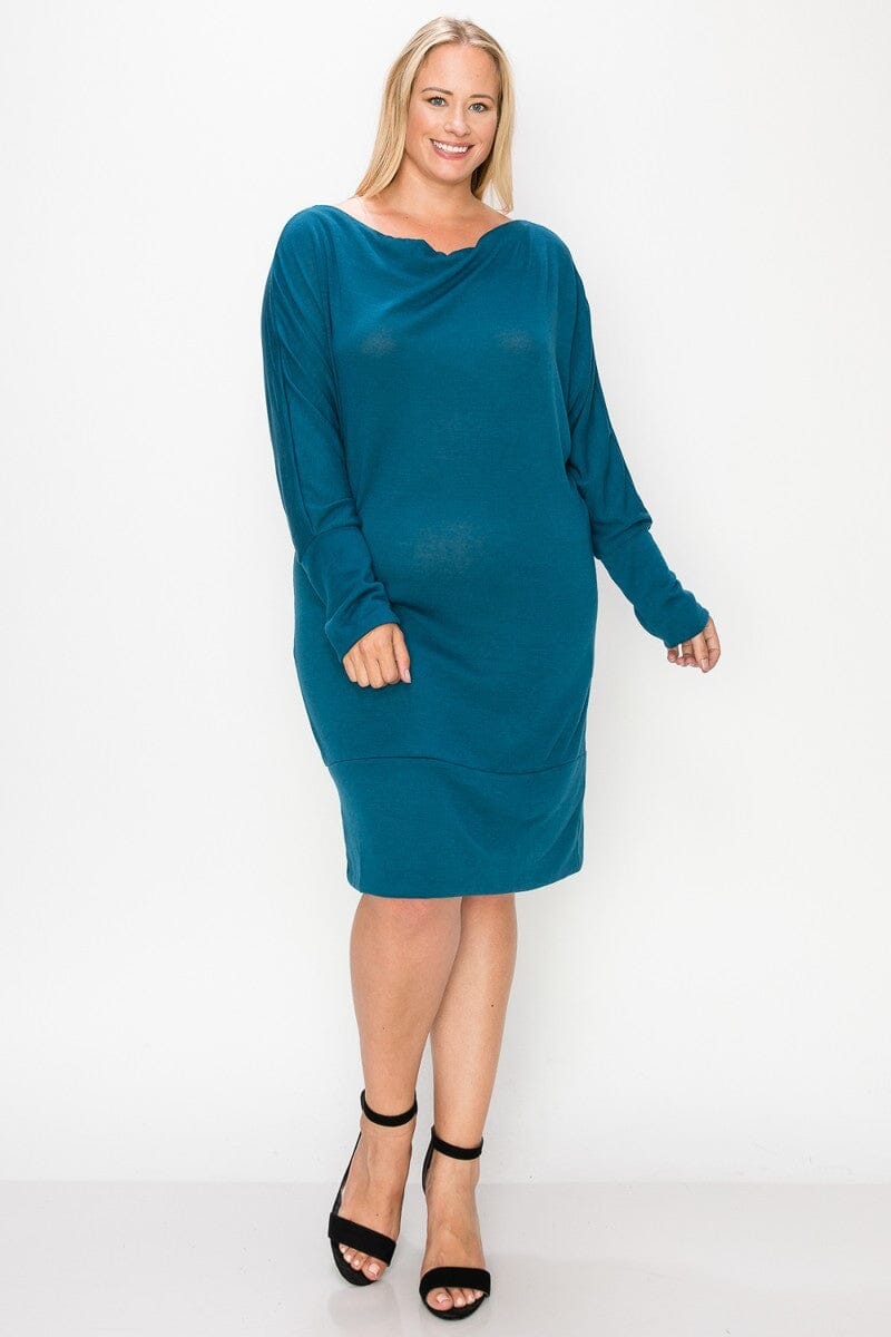 Plus Size Teal Draped Neck Long Sleeve Dress Dresses jehouze 1XL 