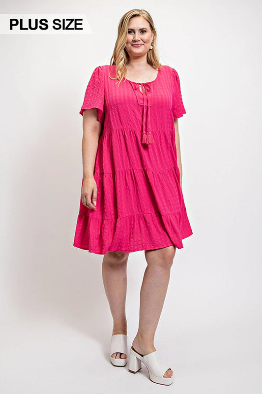 Plus Size Textured woven tiered dress with tassel tie and pockets Dresses jehouze 