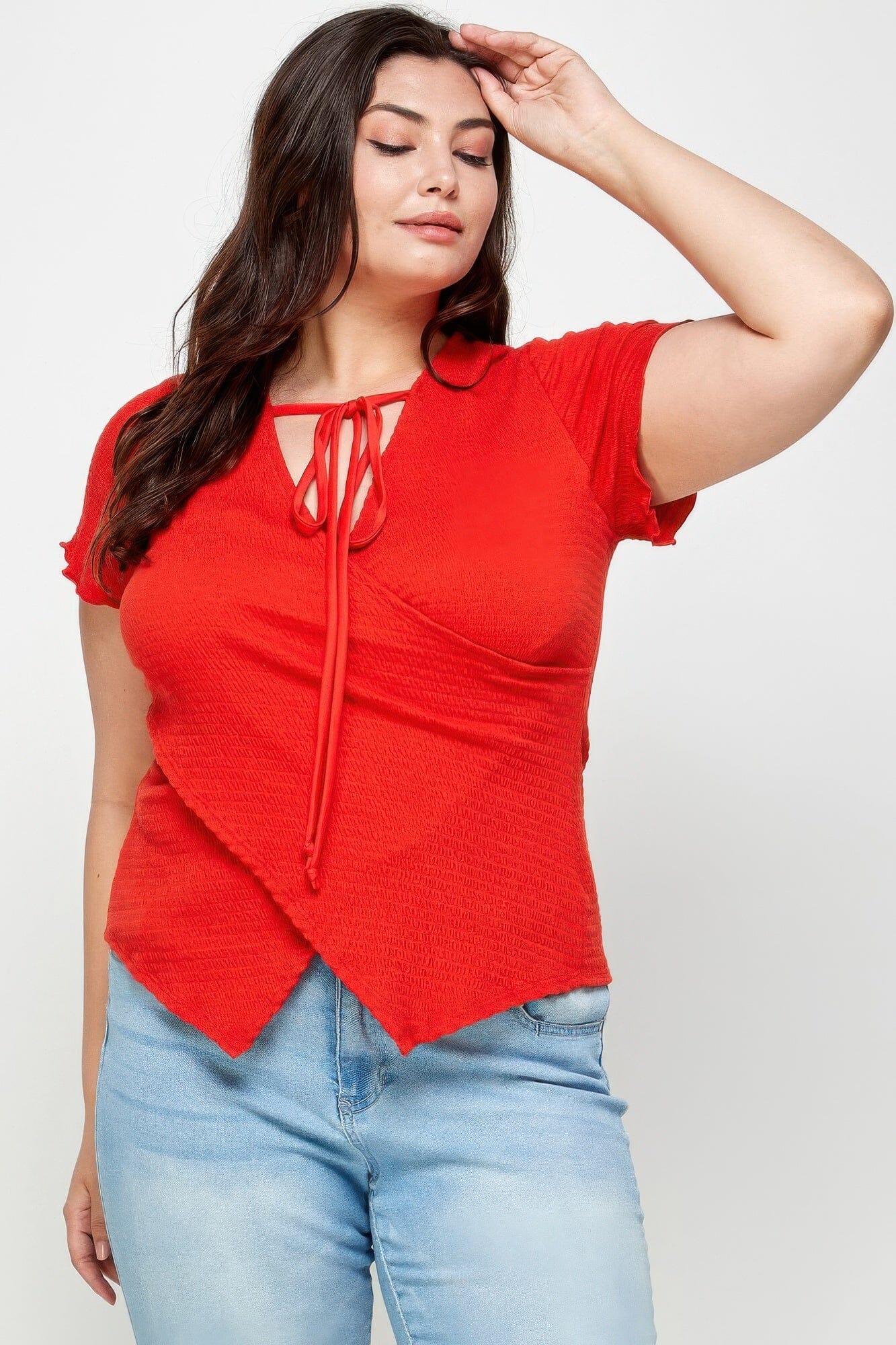 Plus Size Textured Wrap Top With Tie Neck Shirts & Tops jehouze 
