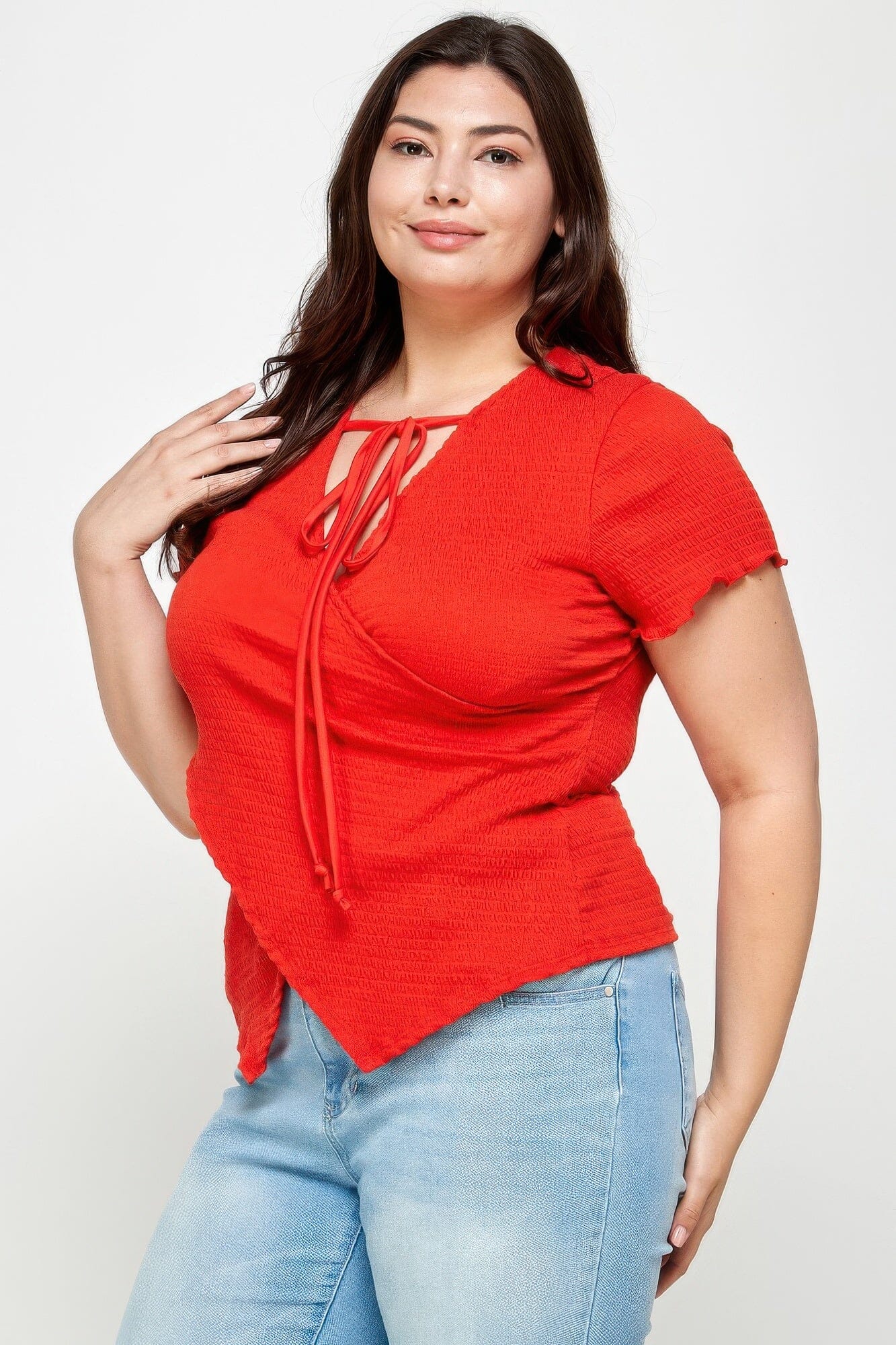 Plus Size Textured Wrap Top With Tie Neck Shirts & Tops jehouze 