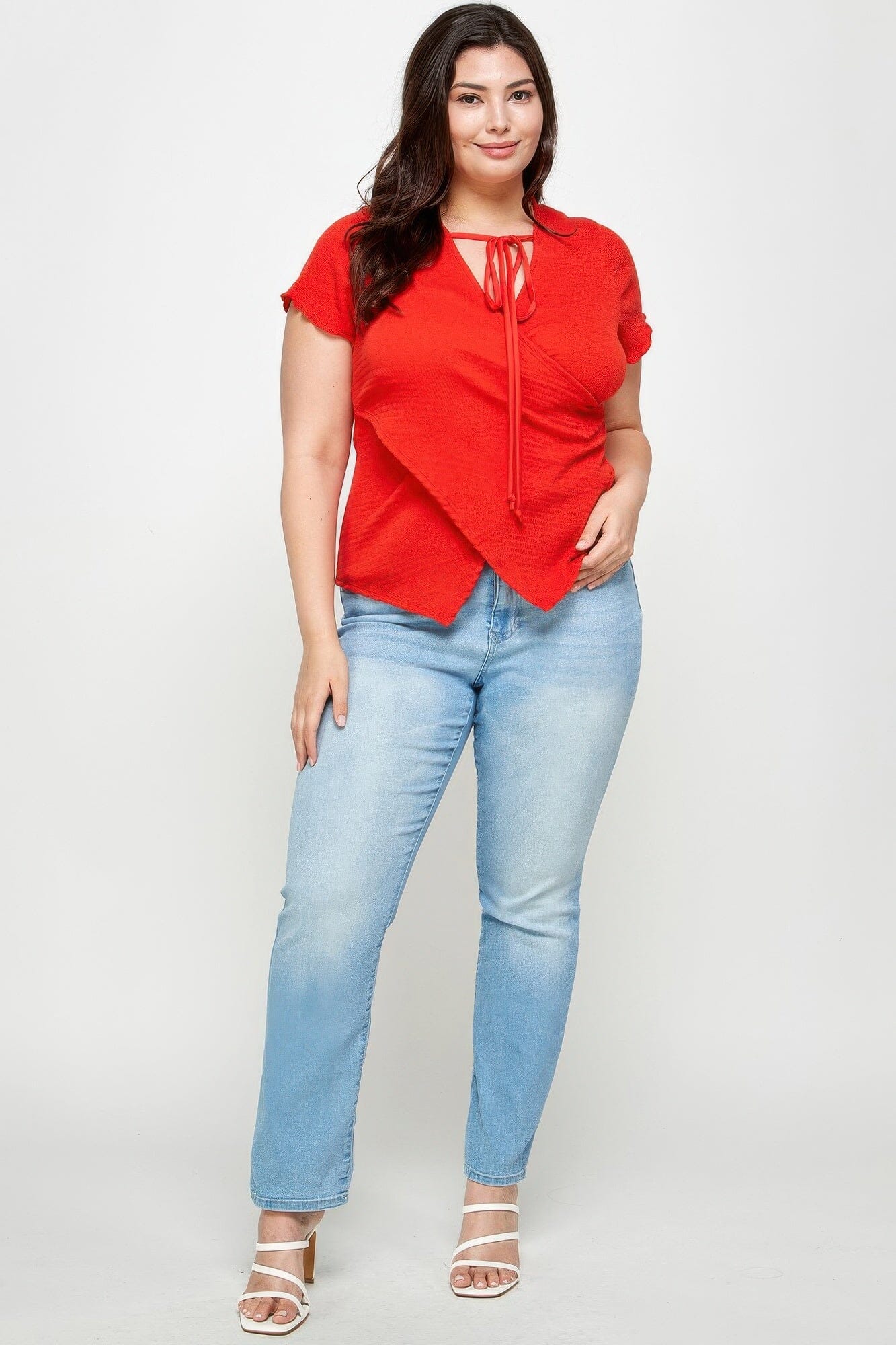 Plus Size Textured Wrap Top With Tie Neck Shirts & Tops jehouze 