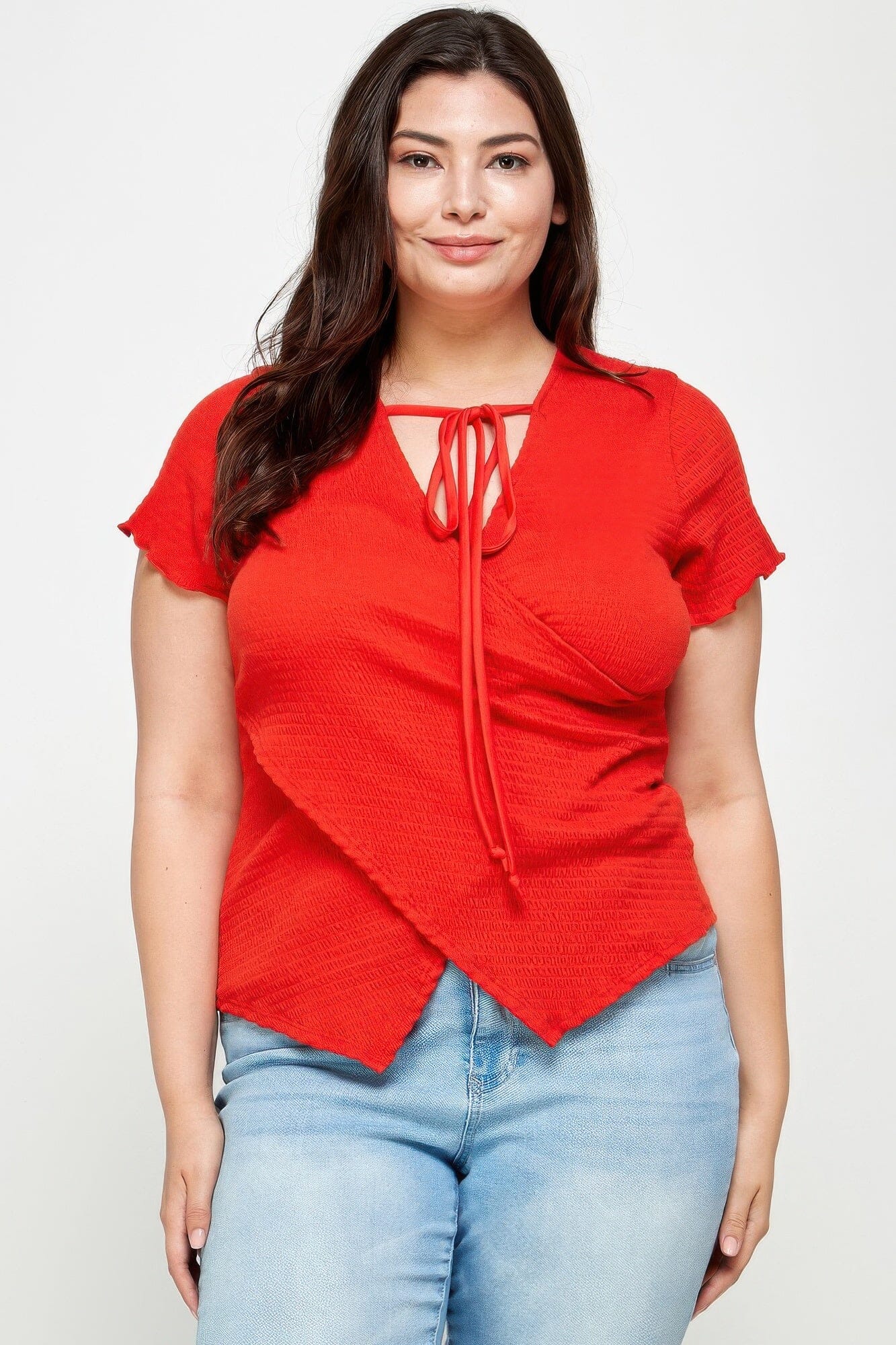 Plus Size Textured Wrap Top With Tie Neck Shirts & Tops jehouze 