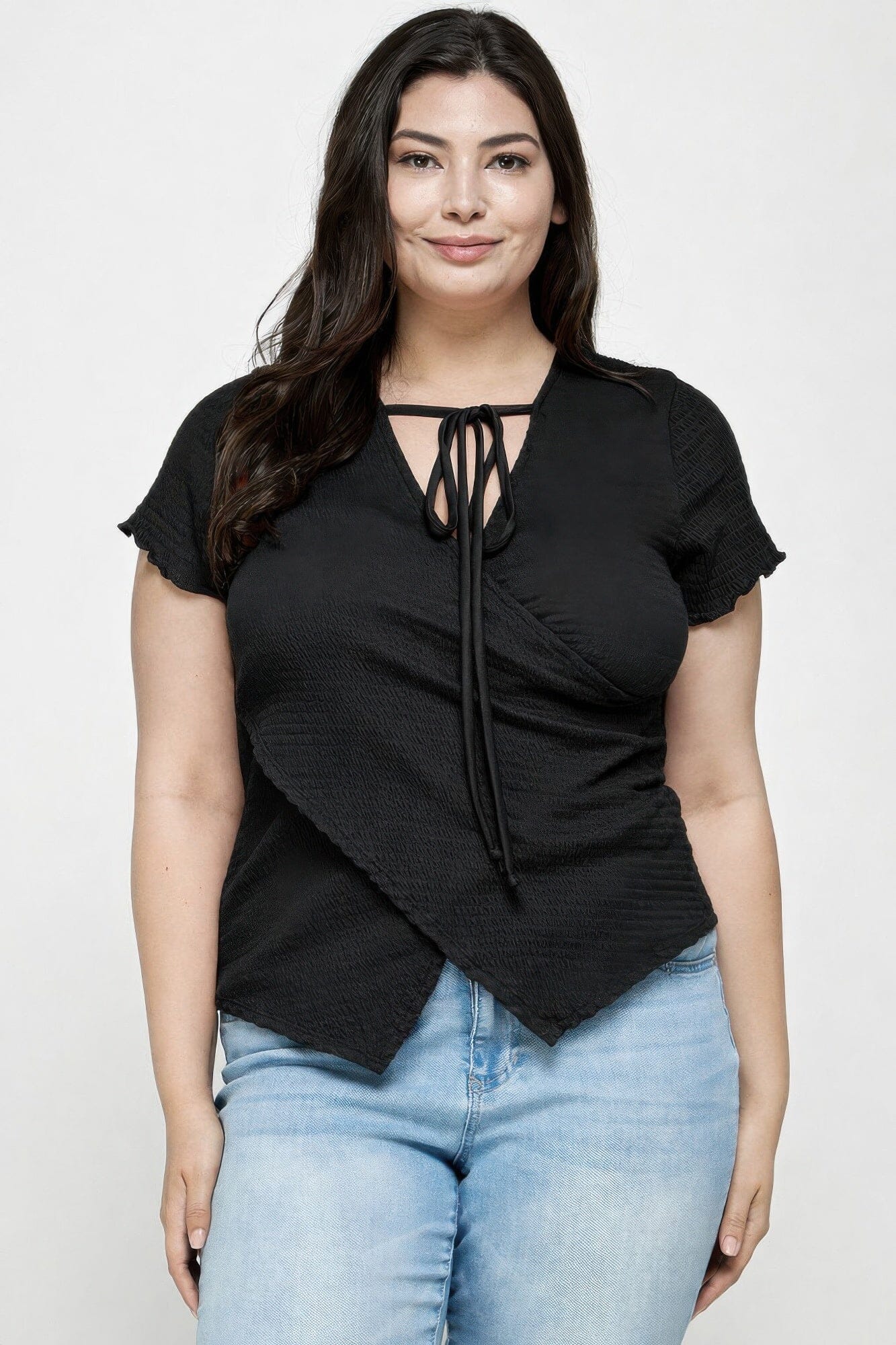 Plus Size Textured Wrap Top With Tie Neck Shirts & Tops jehouze Black 1XL 