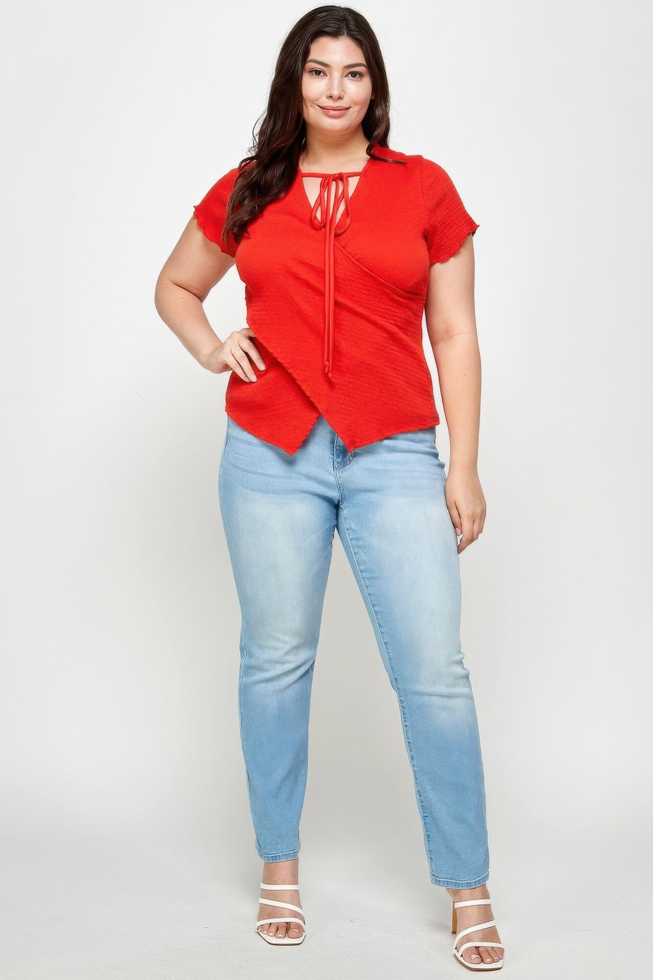 Plus Size Textured Wrap Top With Tie Neck Shirts & Tops jehouze Poppy red 1XL 
