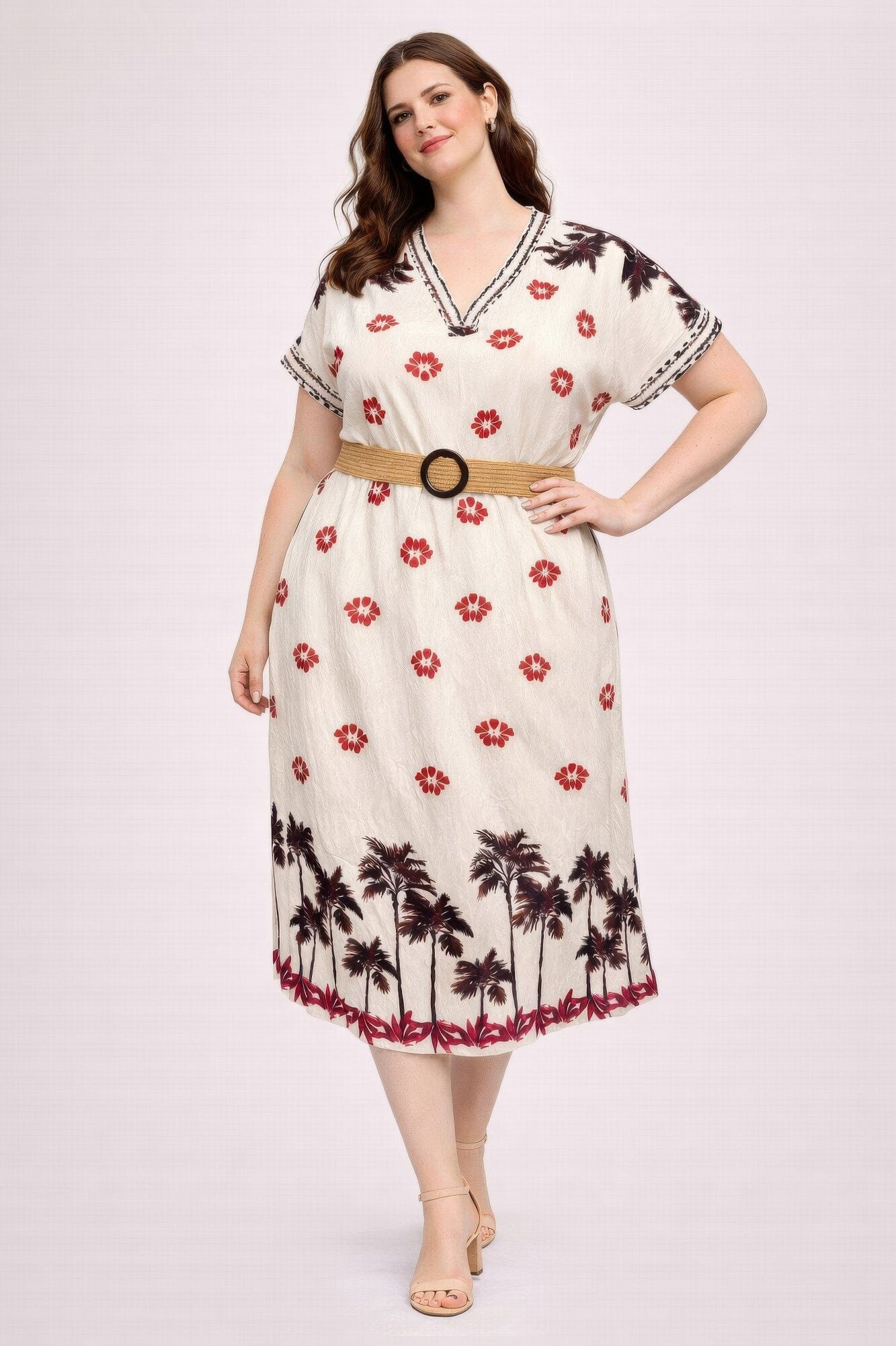 Plus Size Tropical Border Print Midi Dress jehouze Brown XL 
