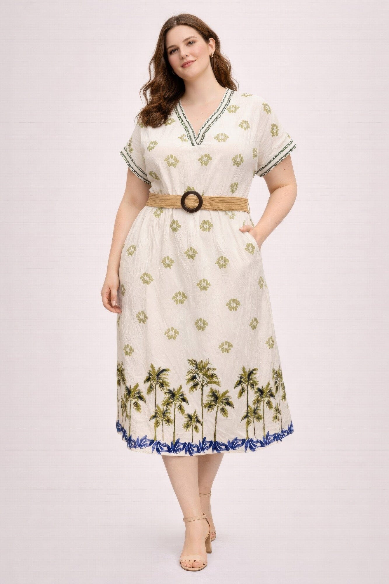 Plus Size Tropical Border Print Midi Dress jehouze Green XL 