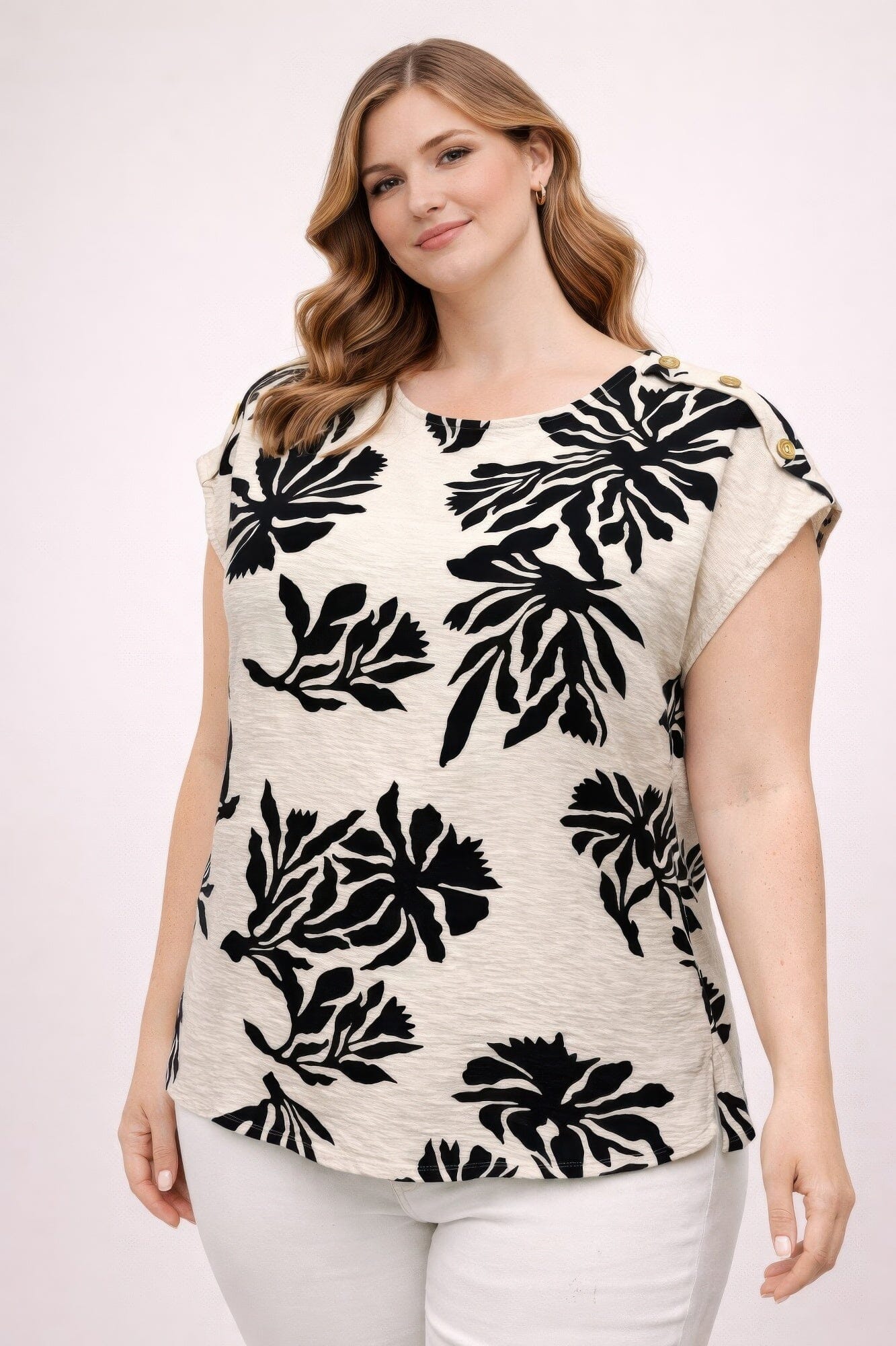 Plus Size Tropical Leaf Print Button-shoulder Top Shirts & Tops jehouze Black XL 