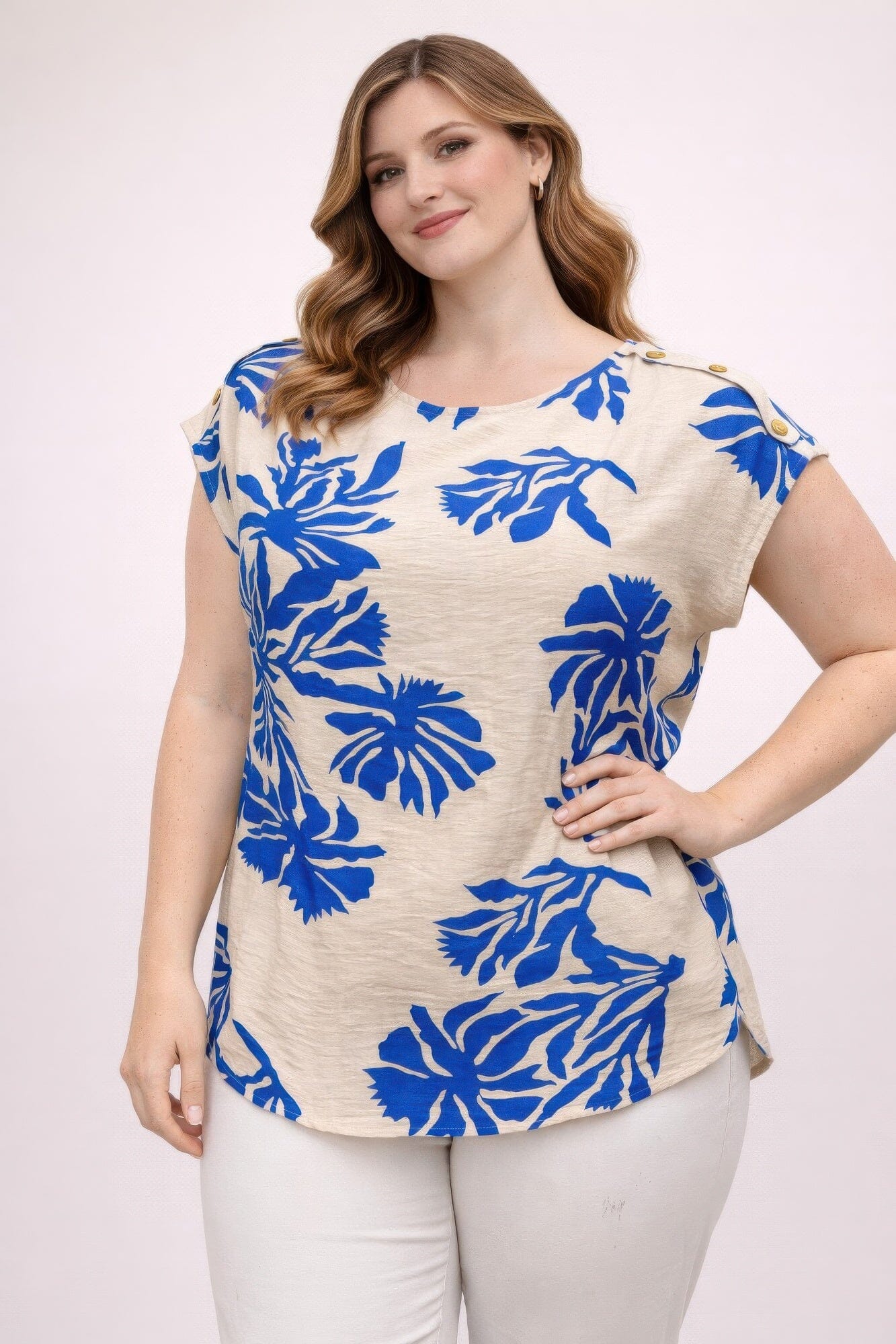 Plus Size Tropical Leaf Print Button-shoulder Top Shirts & Tops jehouze Blue XL 