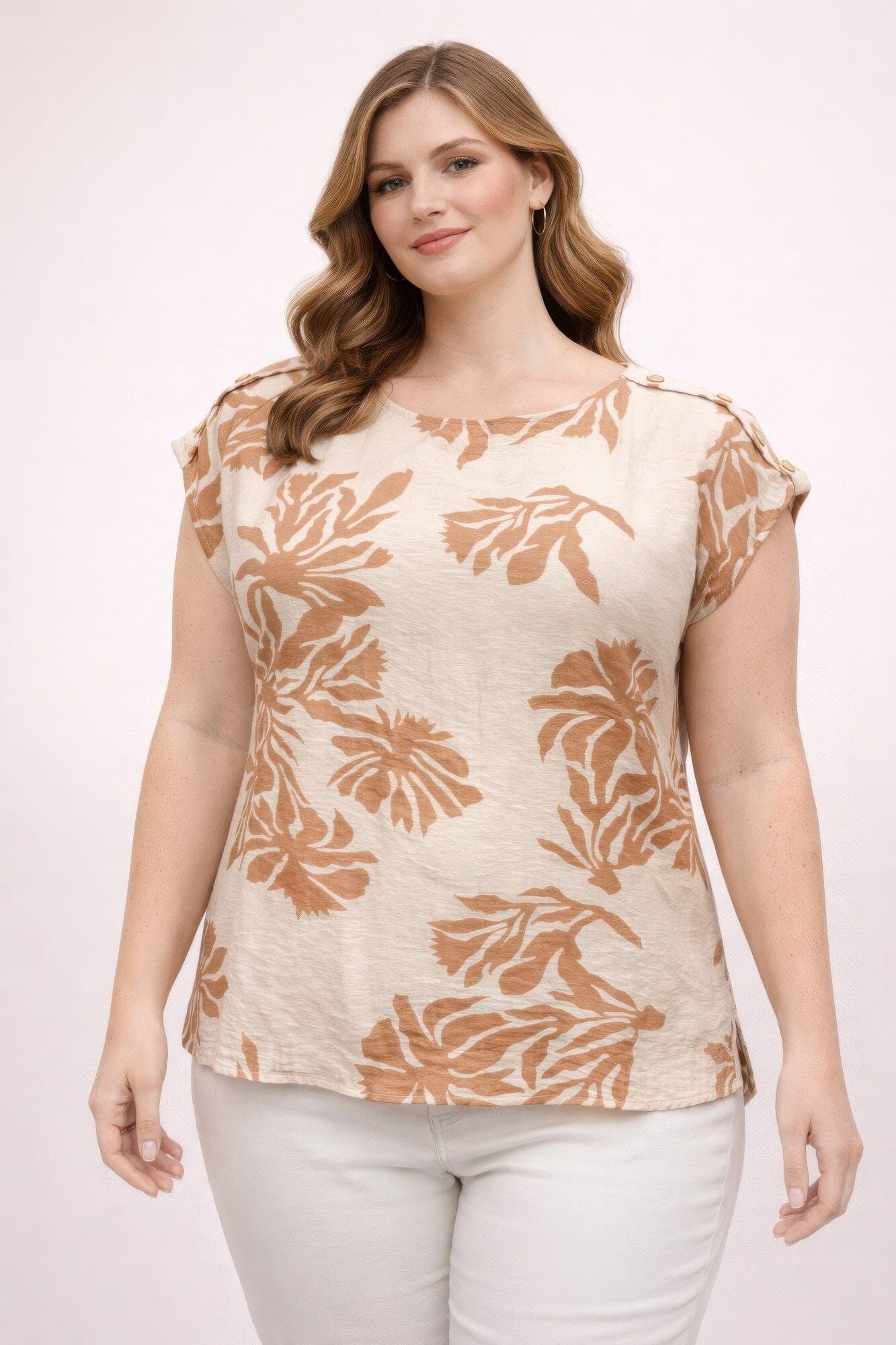 Plus Size Tropical Leaf Print Button-shoulder Top Shirts & Tops jehouze Khaki XL 