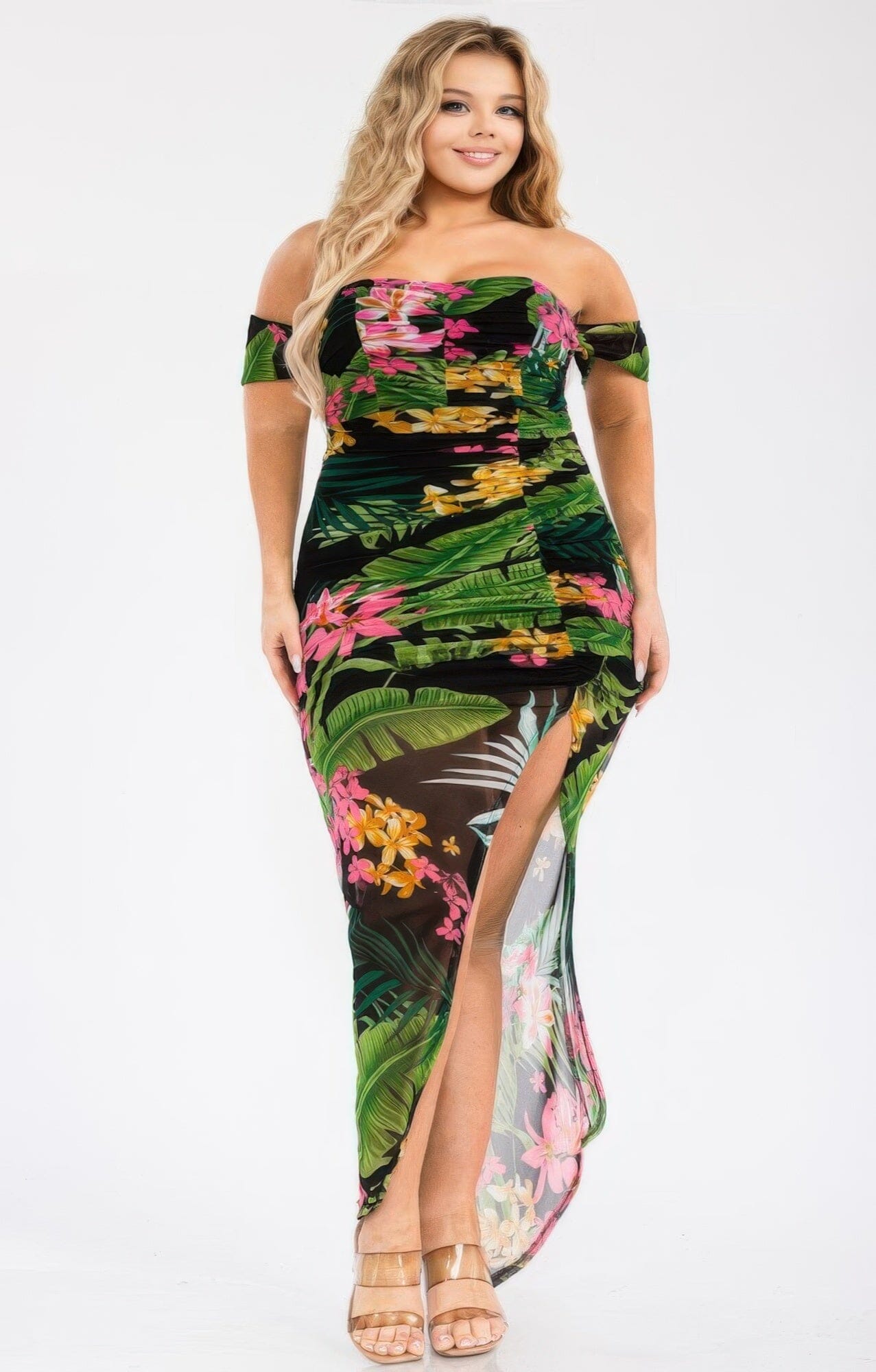 Plus Size Tropical Off Shoulder Draped Sleeve Maxi Dress Dresses jehouze 1XL 