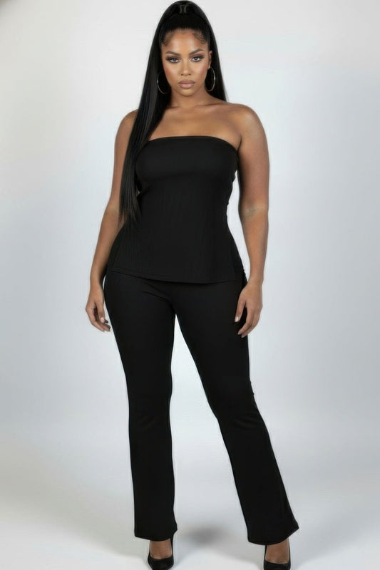 Plus Size Ultra-fine Ribbed Slit Tube Top & High-waist Flare Pants Set Outfit Sets jehouze Black 1XL 