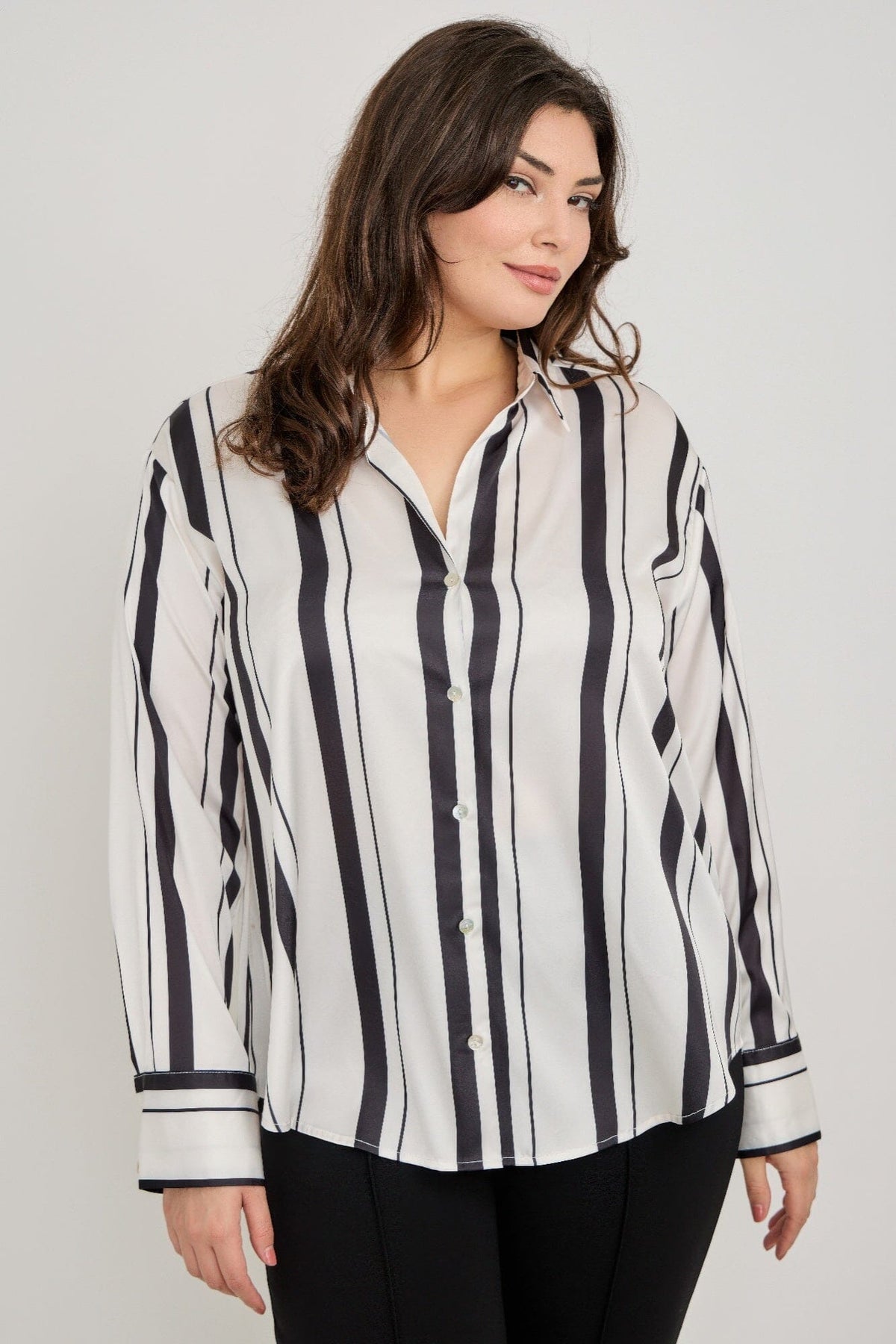 Plus Size Vertical Stripe Button Down Blouse Shirts & Tops jehouze 