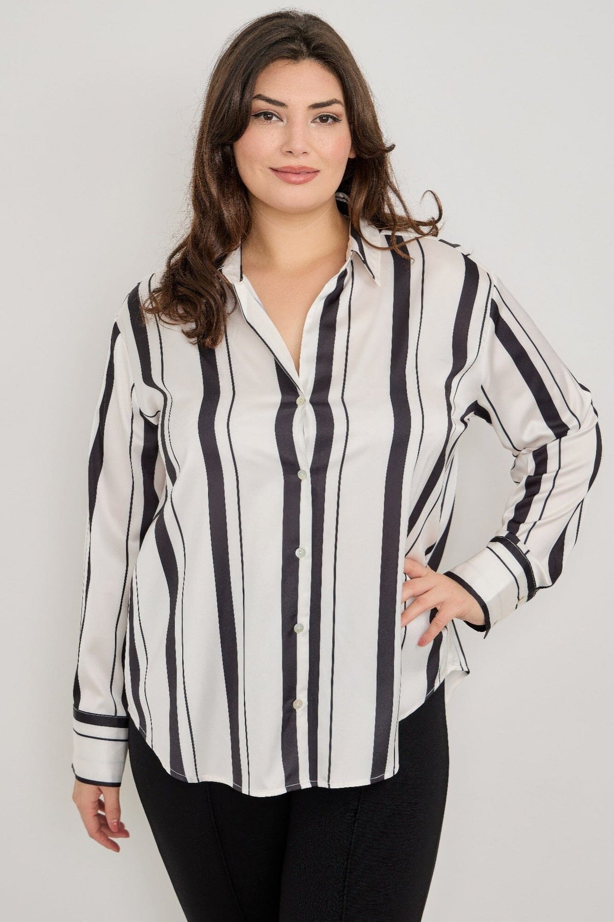 Plus Size Vertical Stripe Button Down Blouse Shirts & Tops jehouze 