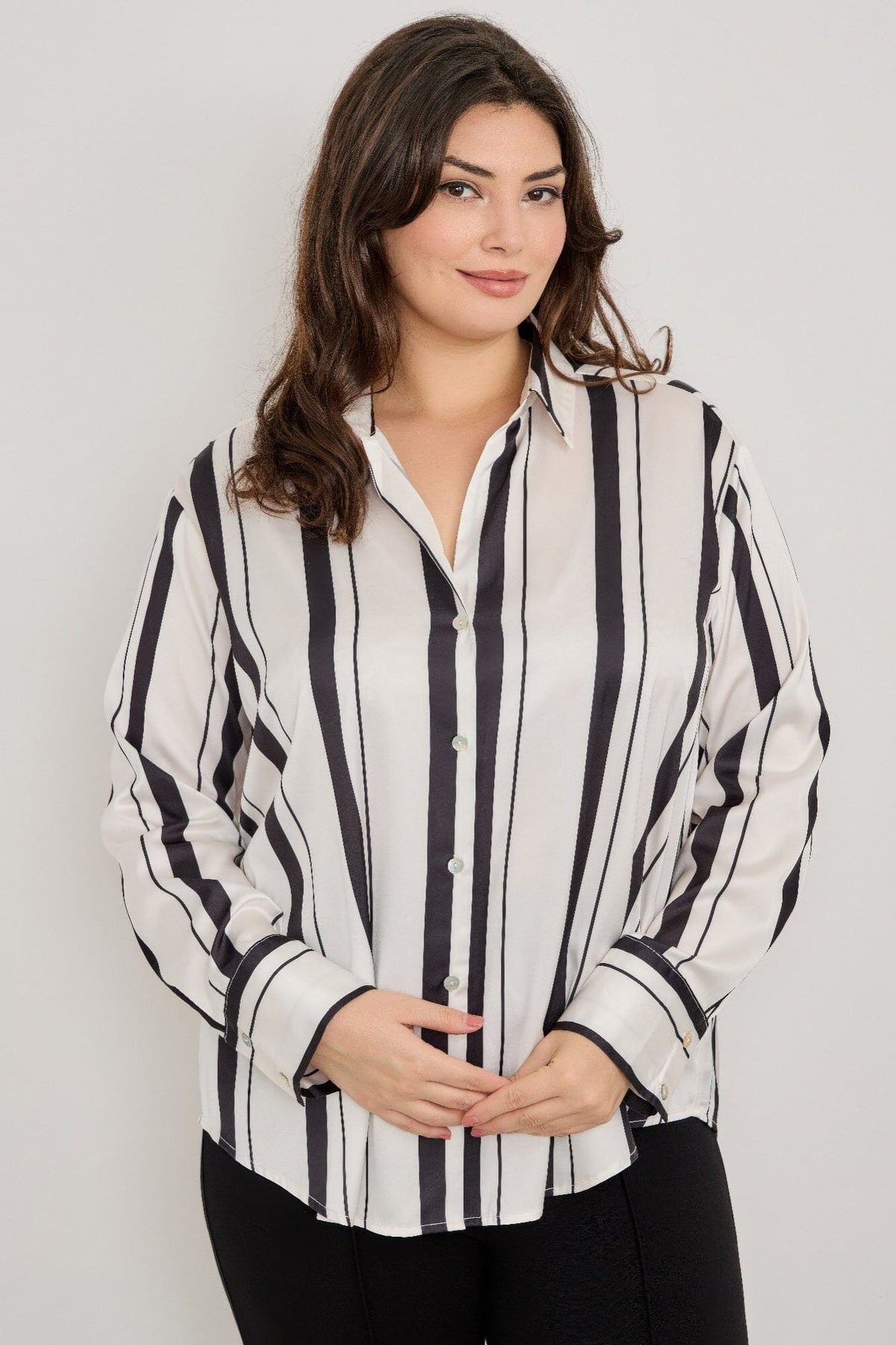 Plus Size Vertical Stripe Button Down Blouse Shirts & Tops jehouze 
