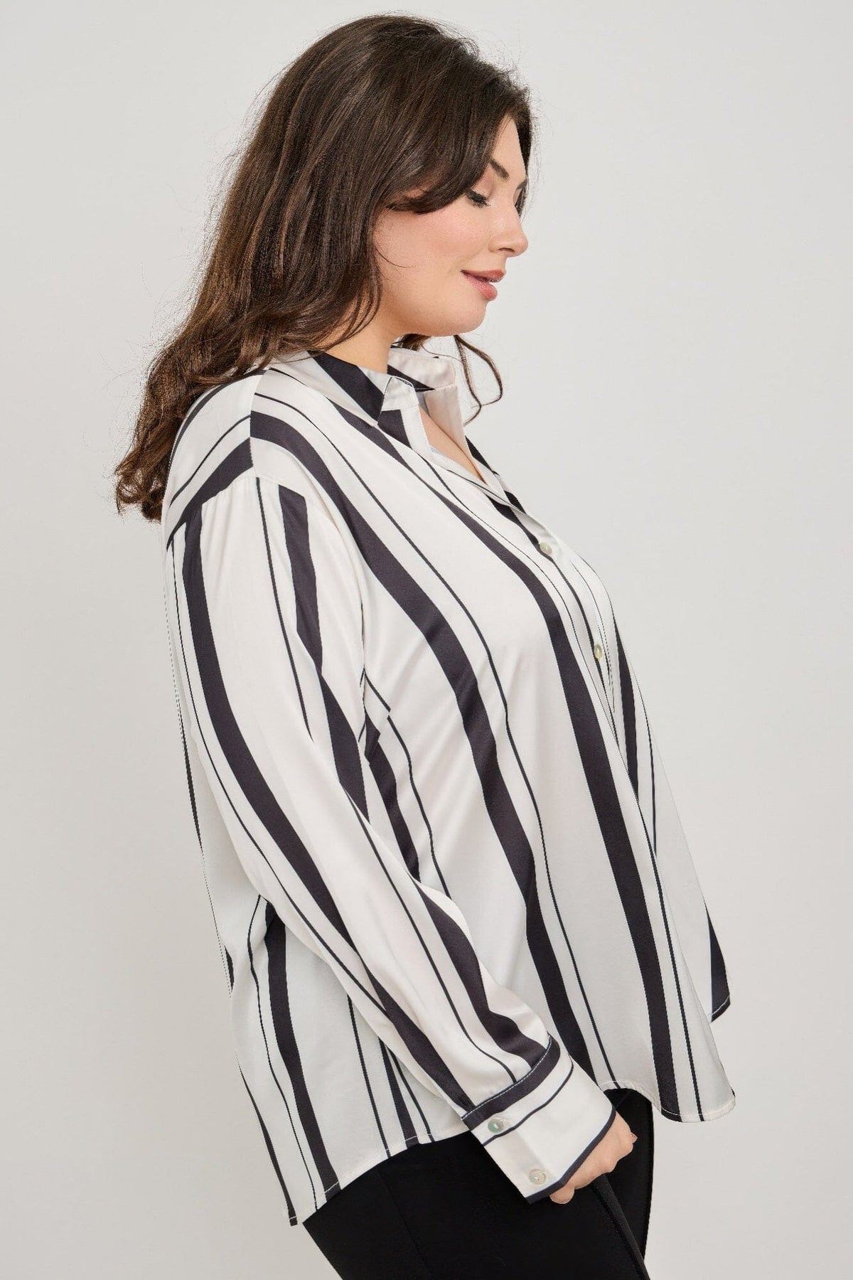 Plus Size Vertical Stripe Button Down Blouse Shirts & Tops jehouze 