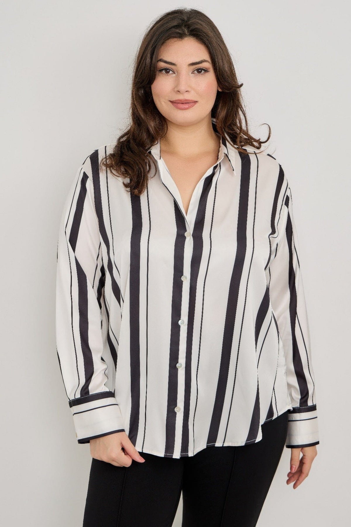 Plus Size Vertical Stripe Button Down Blouse Shirts & Tops jehouze 