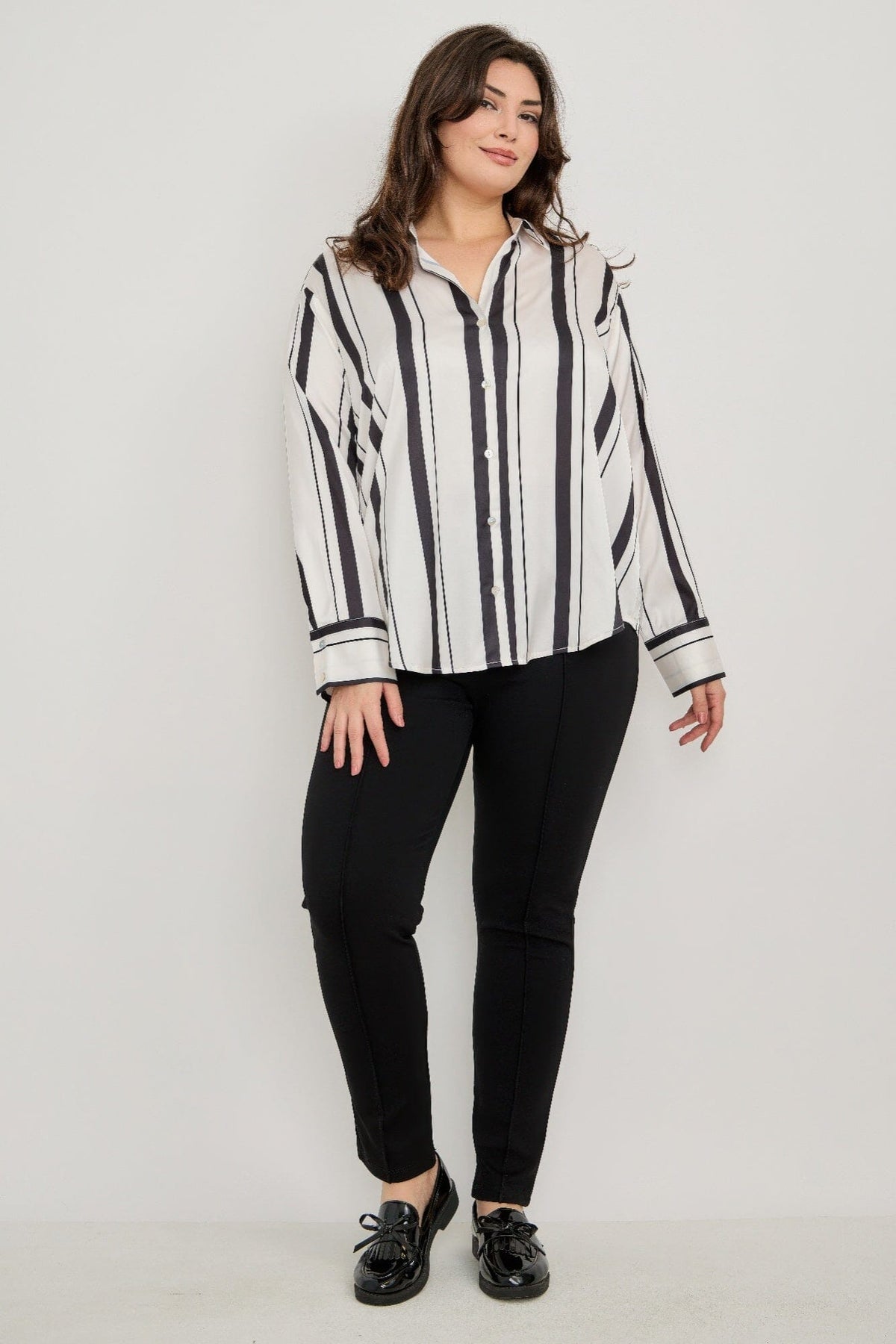 Plus Size Vertical Stripe Button Down Blouse Shirts & Tops jehouze 