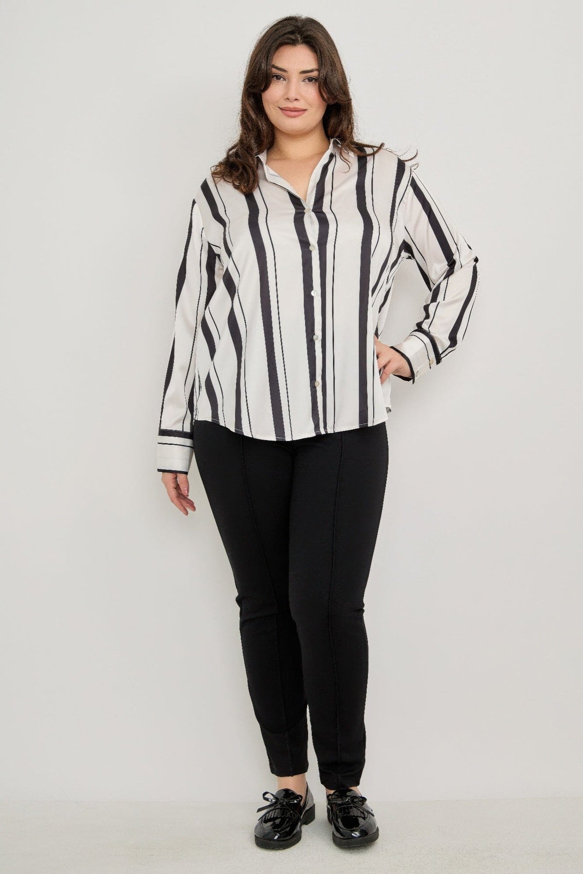 Plus Size Vertical Stripe Button Down Blouse Shirts & Tops jehouze Black 1XL 
