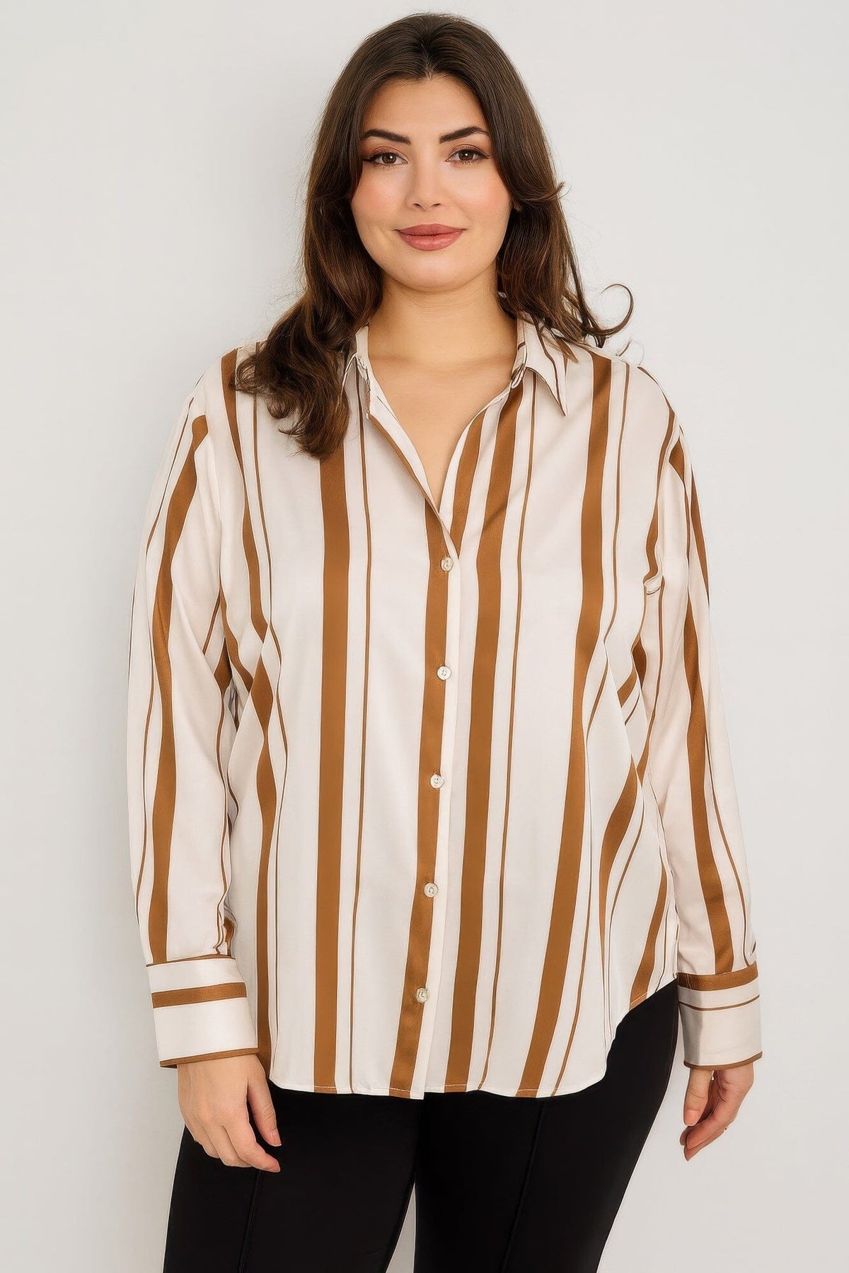 Plus Size Vertical Stripe Button Down Blouse Shirts & Tops jehouze Brown 1XL 