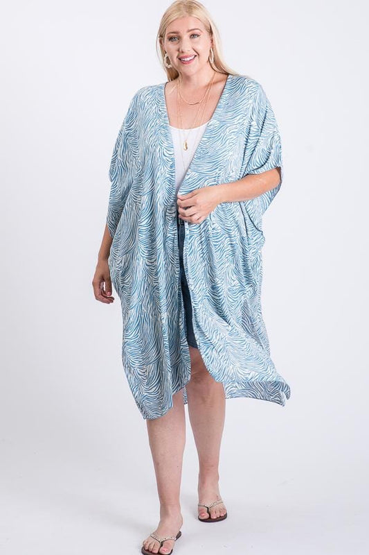 Plus Size Zebra Print Short Sleeve Maxi Kimono cardigan jehouze Blue Zebra 1XL 