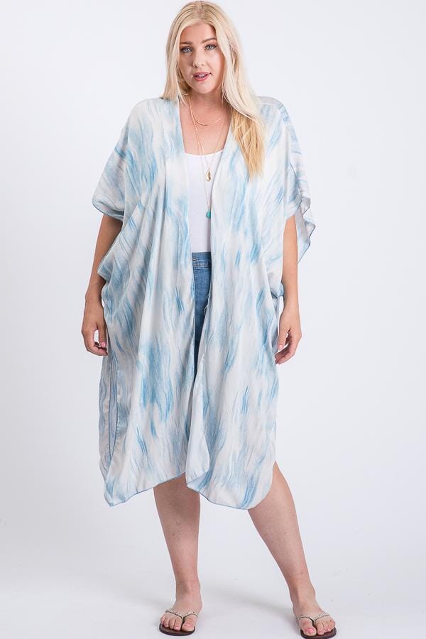 Plus Size Zebra Print Short Sleeve Maxi Kimono cardigan jehouze Ivory/Blue 1XL 
