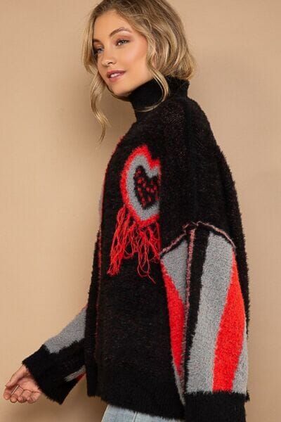 POL Black Red Turtleneck Color Block Fringe Detail Sweater Outerwear jehouze 