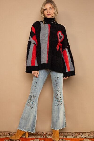 POL Black Red Turtleneck Color Block Fringe Detail Sweater Outerwear jehouze 