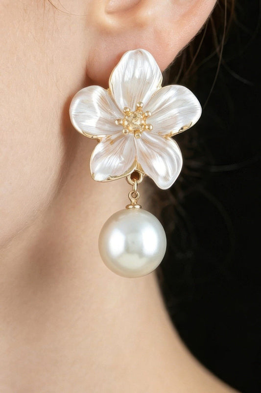 Polished Flower Pearl Drop Earrings Apparel & Accessories > Jewelry > Earrings jehouze Gold White 