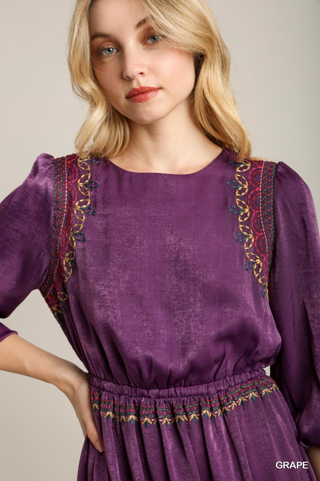 Purple Satin Round Neck Short Balloon Sleeve Embroidery Midi Dress Dresses jehouze 